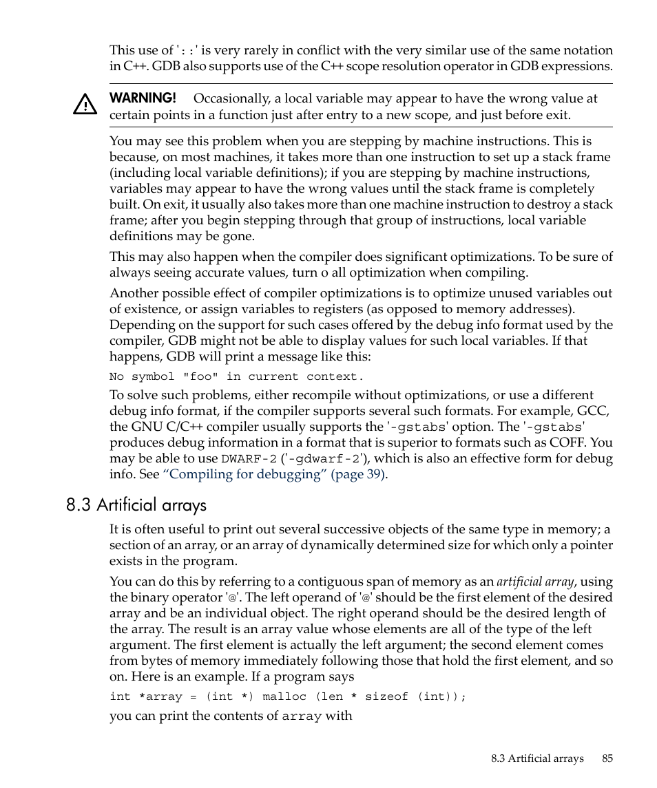 3 artificial arrays | HP gnu source-level debugger 5992-4701 User Manual | Page 85 / 369
