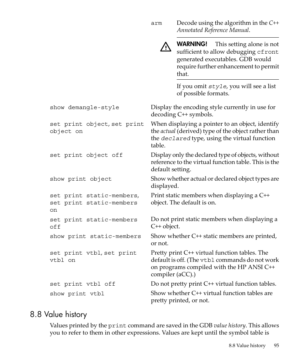 8 value history | HP gnu source-level debugger 5992-4701 User Manual | Page 95 / 369