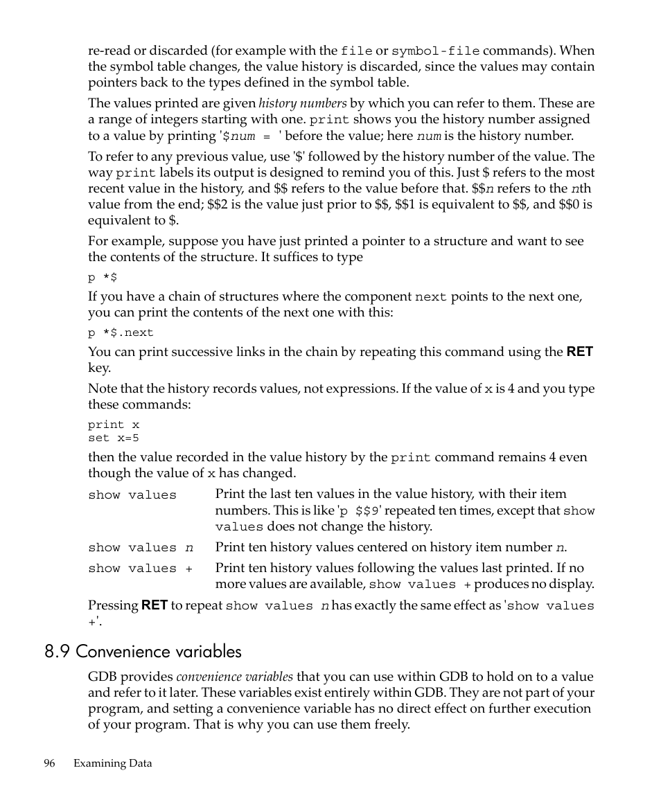 9 convenience variables | HP gnu source-level debugger 5992-4701 User Manual | Page 96 / 369