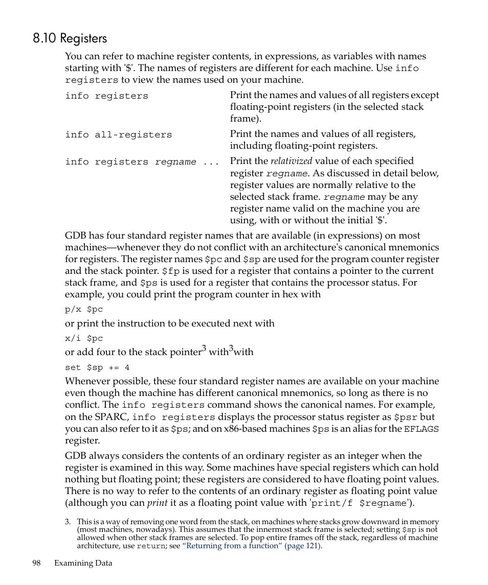 10 registers, Registers | HP gnu source-level debugger 5992-4701 User Manual | Page 98 / 369
