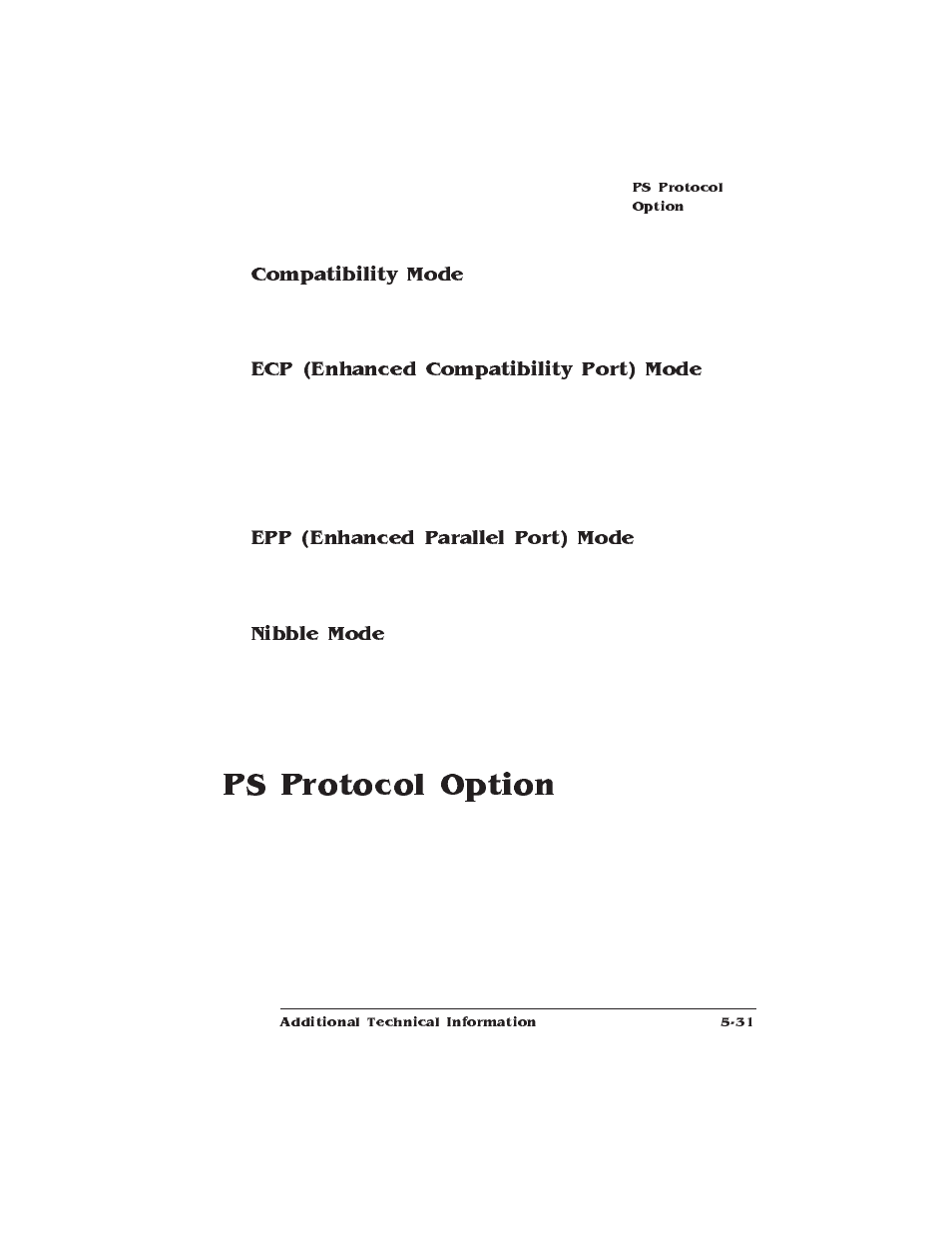 Compatibility mode, Ecp (enhanced compatibility port) mode, Epp (enhanced parallel port) mode | Nibble mode, Ps protocol option | HP QMS 1660E User Manual | Page 129 / 314