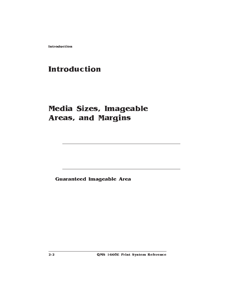 Introduction, Media sizes, imageable areas, and margins, Guaranteed imageable area | Media sizes, margins, and imageable areas | HP QMS 1660E User Manual | Page 18 / 314