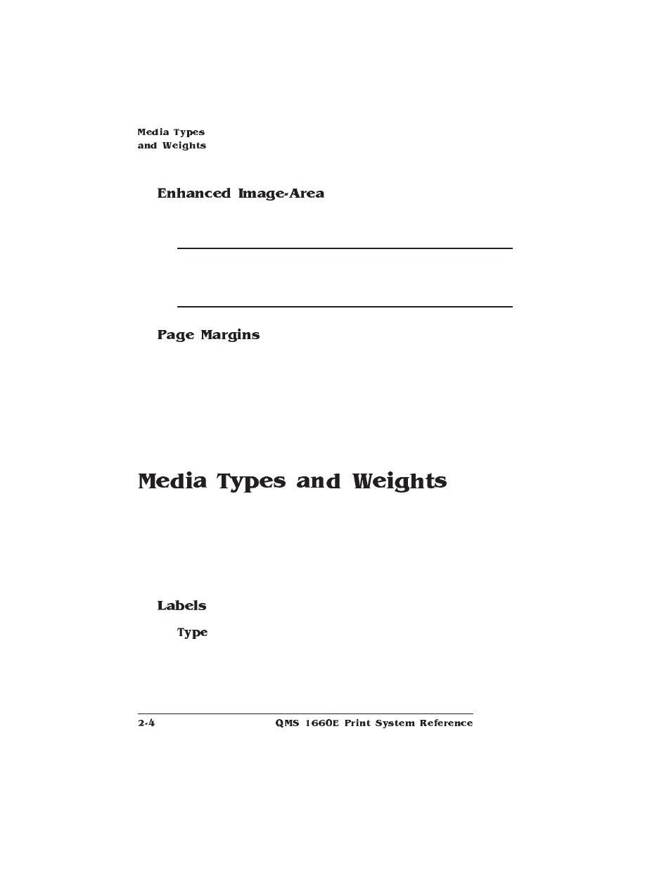 Enhanced image-area, Media types and weights, Labels | Page margins | HP QMS 1660E User Manual | Page 20 / 314