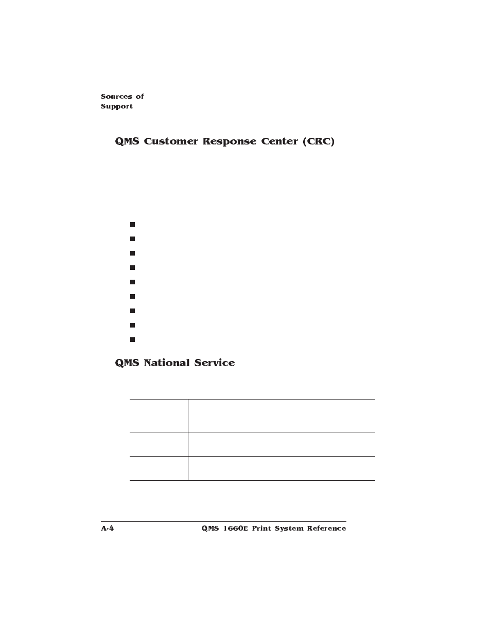 Qms customer response center (crc), Qms national service | HP QMS 1660E User Manual | Page 228 / 314