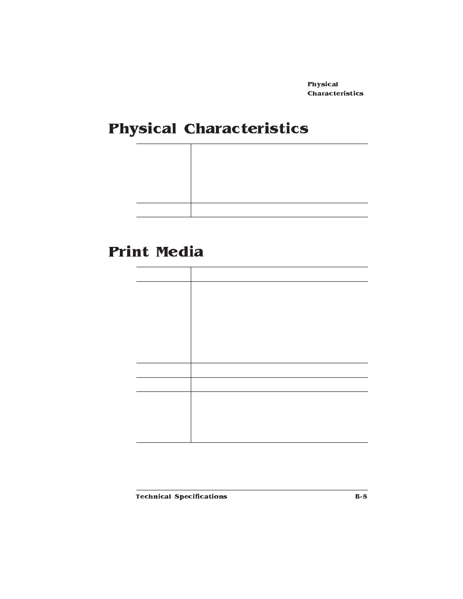 Physical characteristics, Print media, Print media specifications | Physical characteristics print media | HP QMS 1660E User Manual | Page 235 / 314