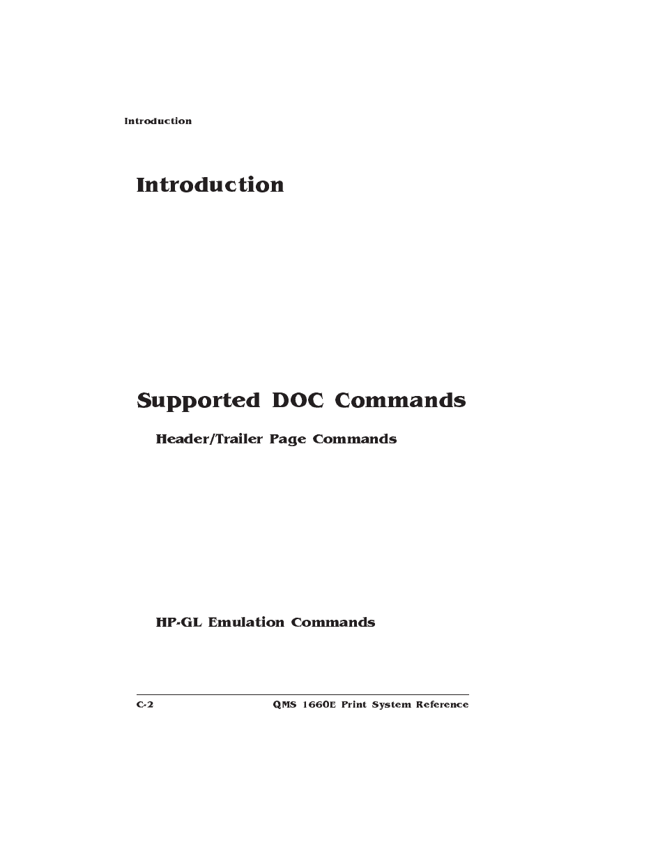 Introduction, Supported doc commands, Hp-gl emulation commands | Supported document option commands (docs), Header/trailer page commands | HP QMS 1660E User Manual | Page 248 / 314