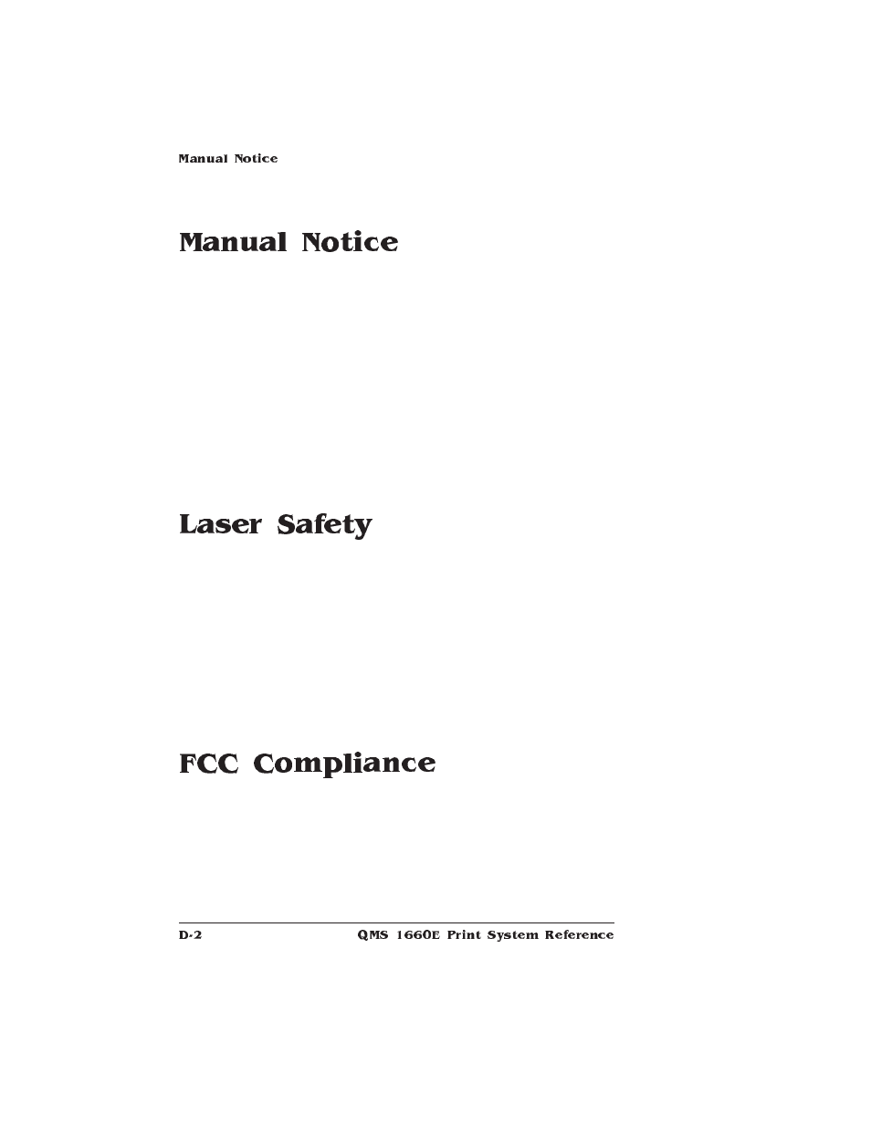 Manual notice, Laser safety, Fcc compliance | Manual notices | HP QMS 1660E User Manual | Page 268 / 314