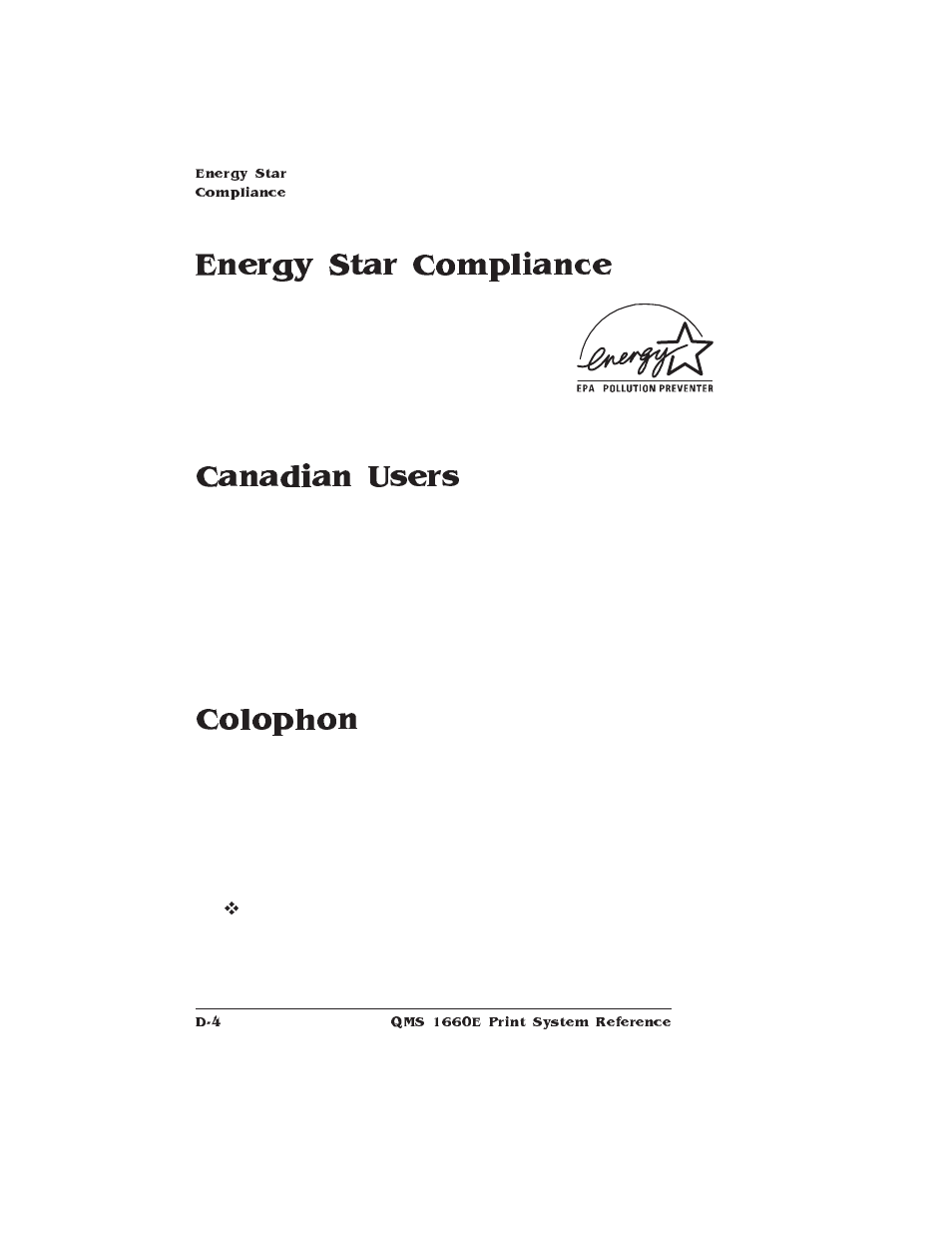Energy star compliance, Canadian users, Colophon | Cnadian notice, Energy star compliance canadian users | HP QMS 1660E User Manual | Page 270 / 314