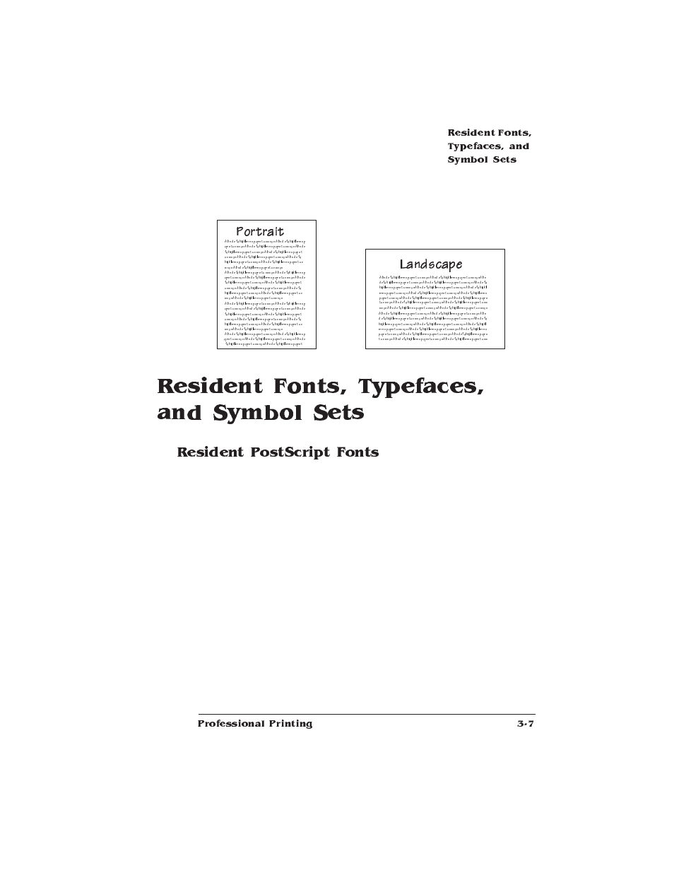 Resident fonts, typefaces, and symbol sets, Resident postscript fonts, Resident typefaces, fonts, and symbol sets | Portrait landscape | HP QMS 1660E User Manual | Page 29 / 314