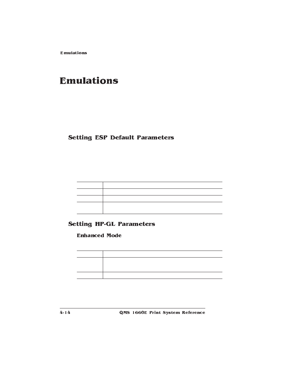 Emulations, Setting esp default parameters, Setting hp-gl parameters | HP QMS 1660E User Manual | Page 46 / 314