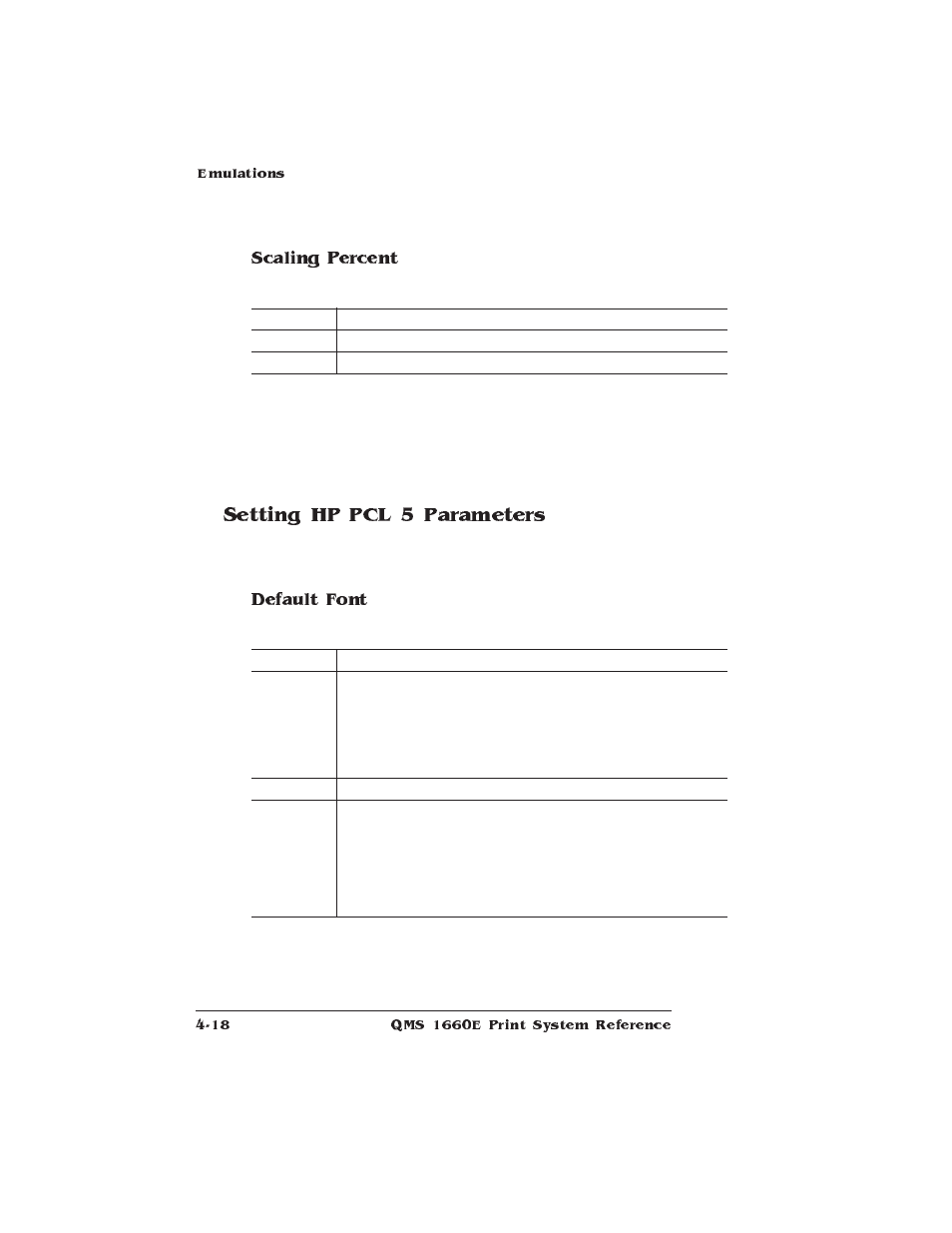 Setting hp pcl 5 parameters, Scaling percent, Default font | HP QMS 1660E User Manual | Page 50 / 314