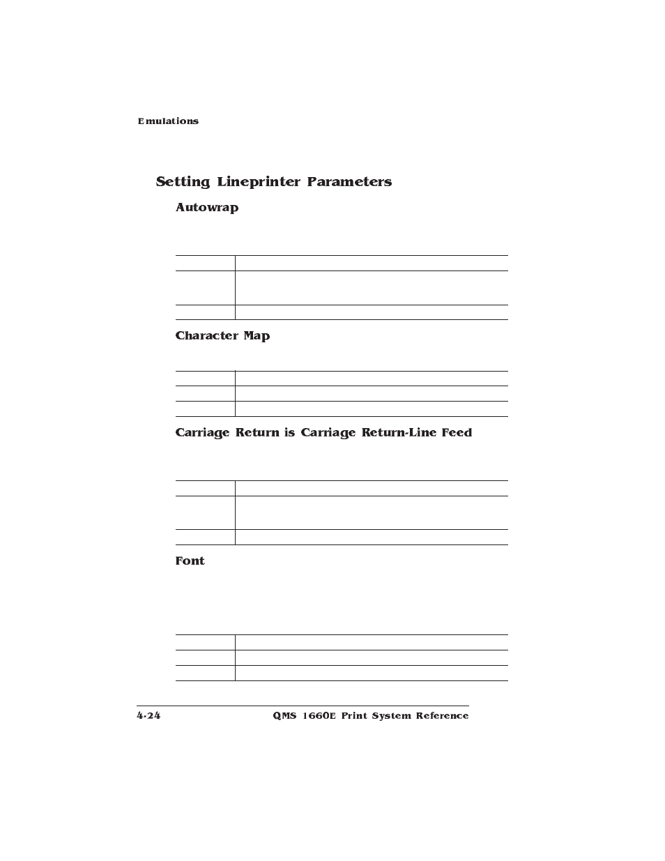 Setting lineprinter parameters, Autowrap, Character map | Carriage return is carriage return-line feed, Font | HP QMS 1660E User Manual | Page 56 / 314