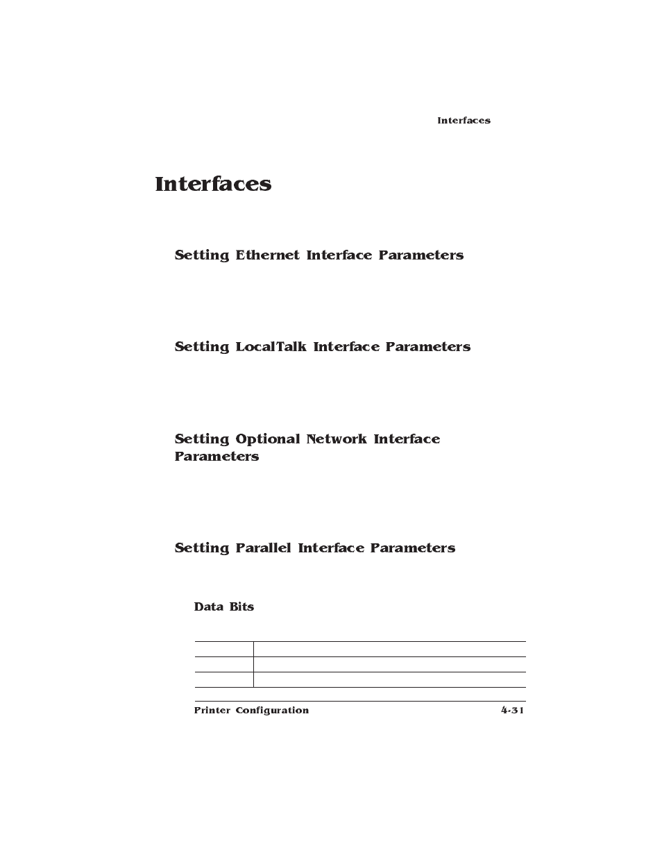 Interfaces, Setting ethernet interface parameters, Setting localtalk interface parameters | Setting optional network interface parameters, Setting parallel interface parameters | HP QMS 1660E User Manual | Page 63 / 314