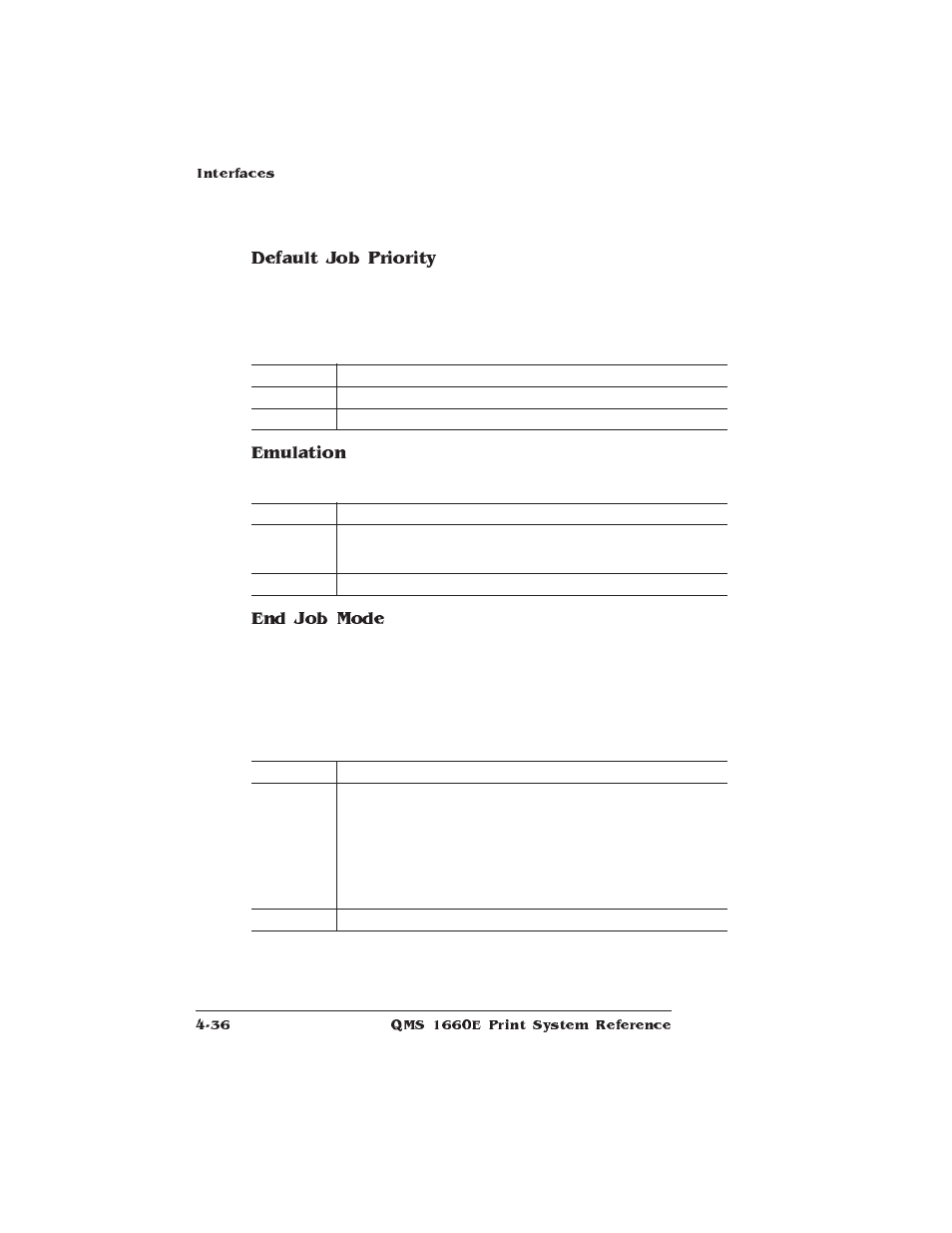 Default job priority, Emulation, End job mode | HP QMS 1660E User Manual | Page 68 / 314