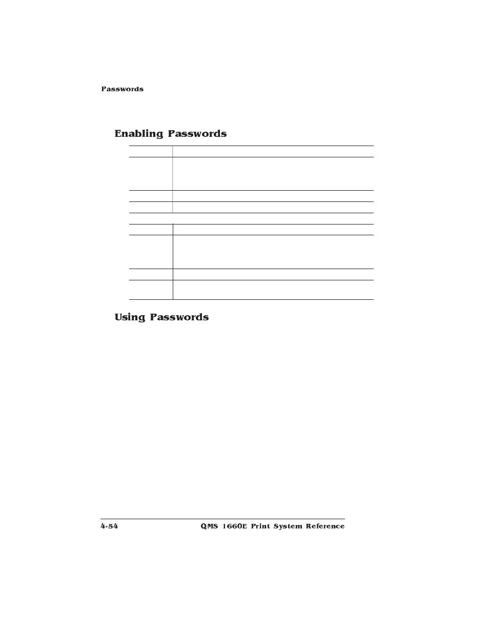 Enabling passwords, Using passwords, Enabling passwords using passwords | HP QMS 1660E User Manual | Page 86 / 314
