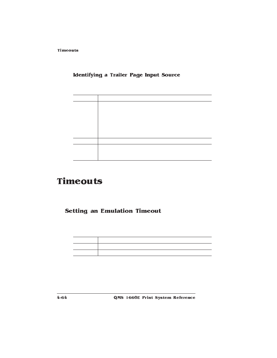 Timeouts, Setting an emulation timeout, Identifying a trailer page input source | HP QMS 1660E User Manual | Page 96 / 314