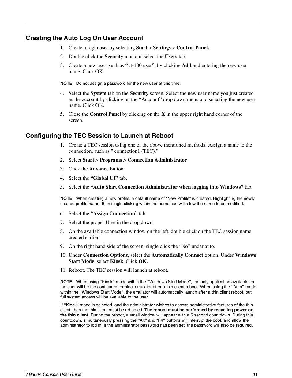 Creating the auto log on user account, Configuring the tec session to launch at reboot | HP AB300A User Manual | Page 11 / 16