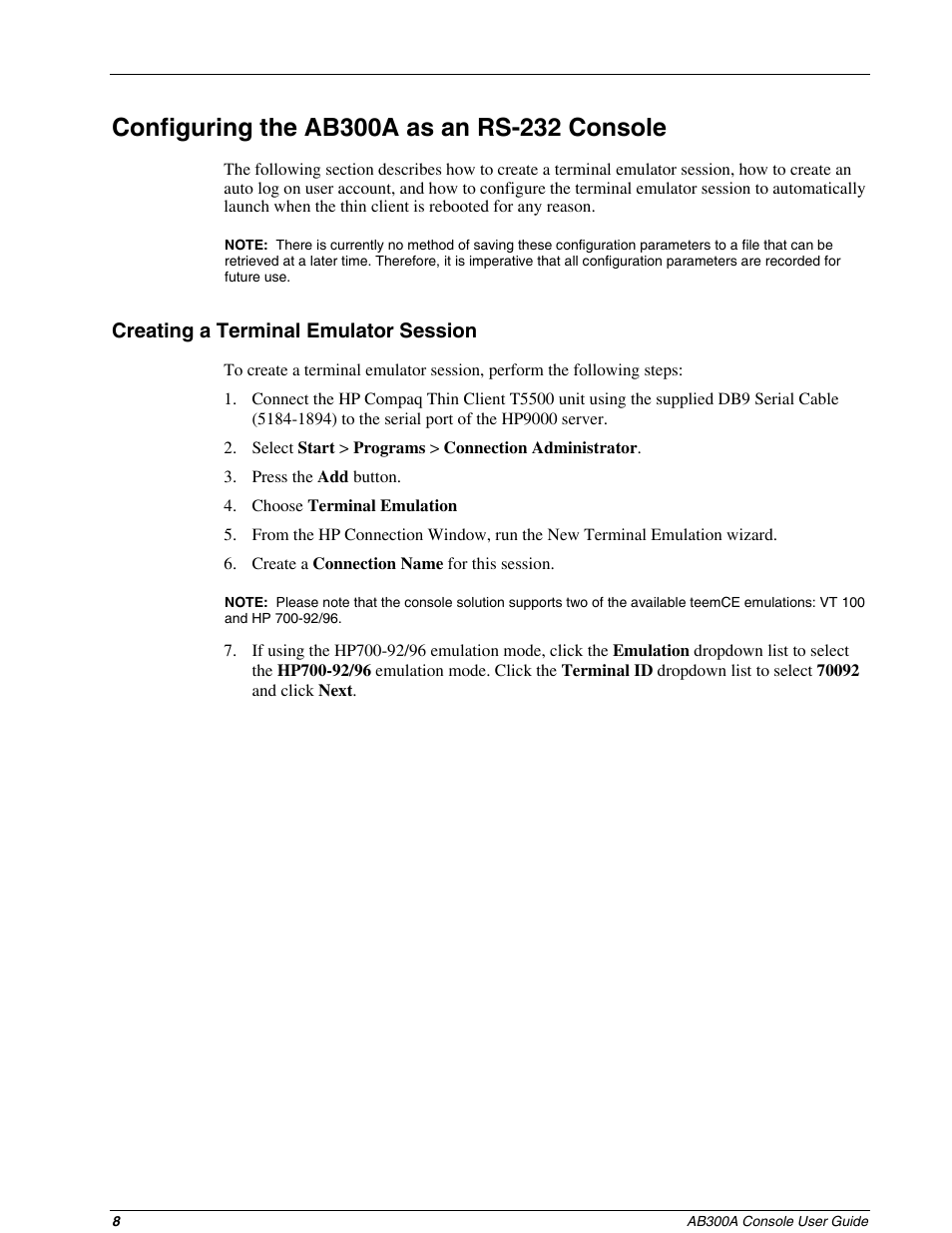 Configuring the ab300a as an rs-232 console | HP AB300A User Manual | Page 8 / 16