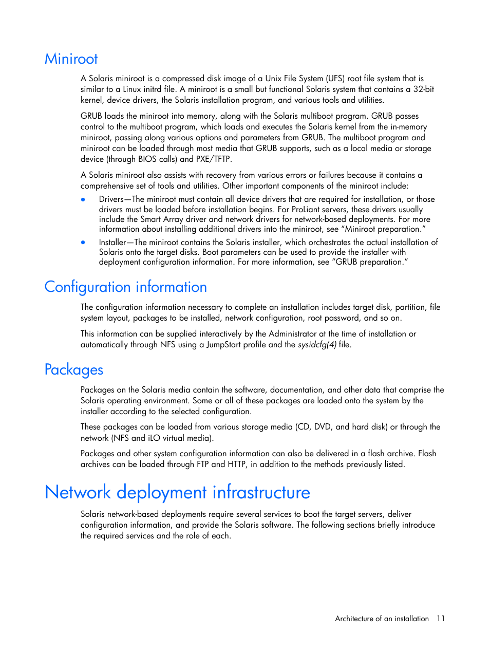 Miniroot, Configuration information, Packages | Network deployment infrastructure | HP 10 User Manual | Page 11 / 54