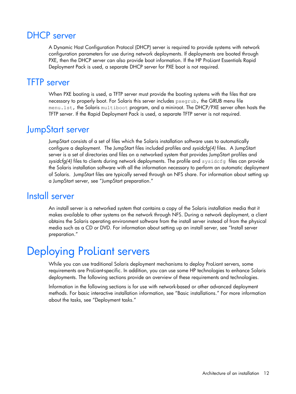 Dhcp server, Tftp server, Jumpstart server | Install server, Deploying proliant servers, Deploying, Proliant servers, See “deploying proliant servers, D “deploying proliant servers | HP 10 User Manual | Page 12 / 54