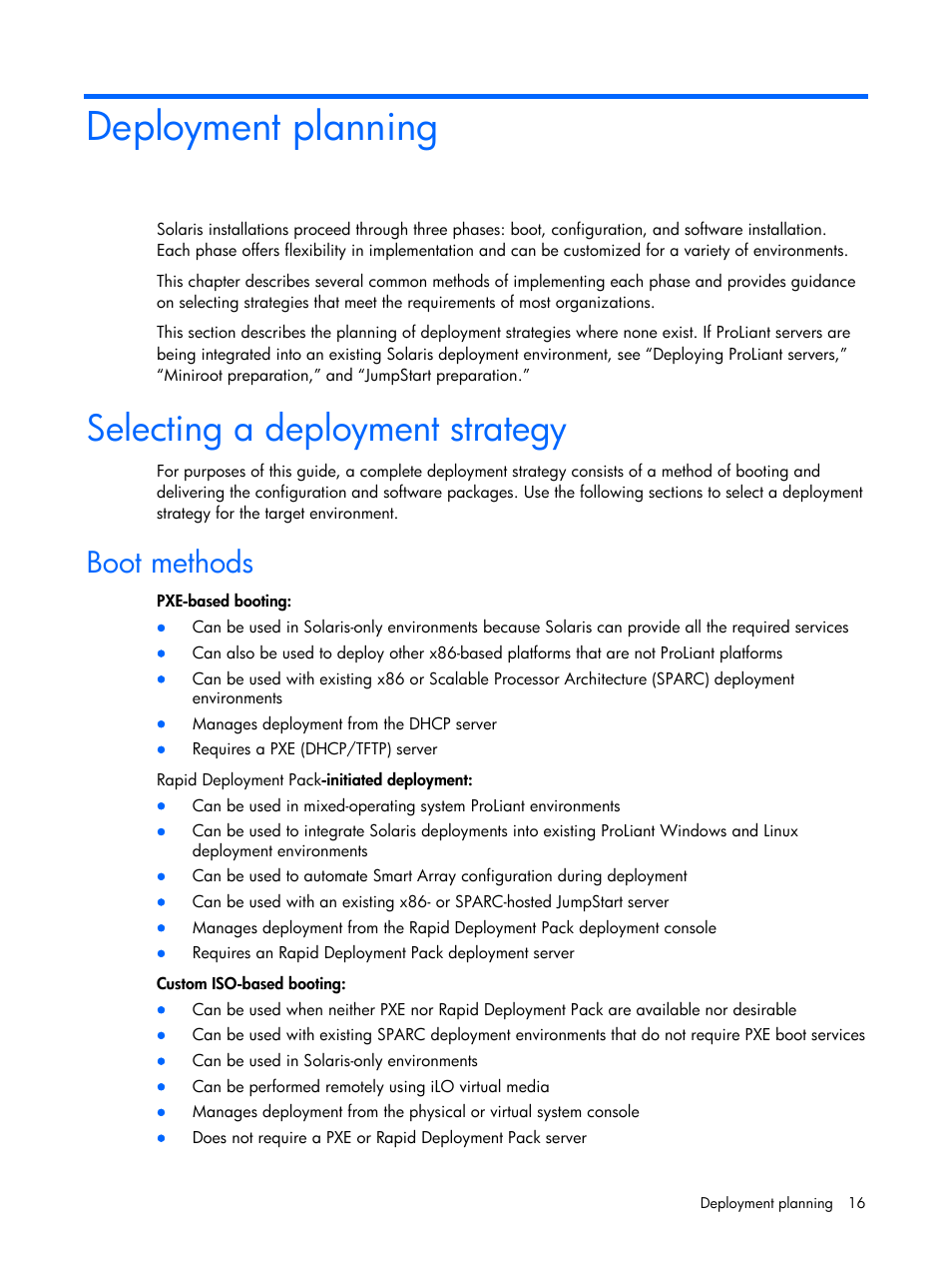 Deployment planning, Selecting a deployment strategy, Boot methods | See “deployment planning | HP 10 User Manual | Page 16 / 54