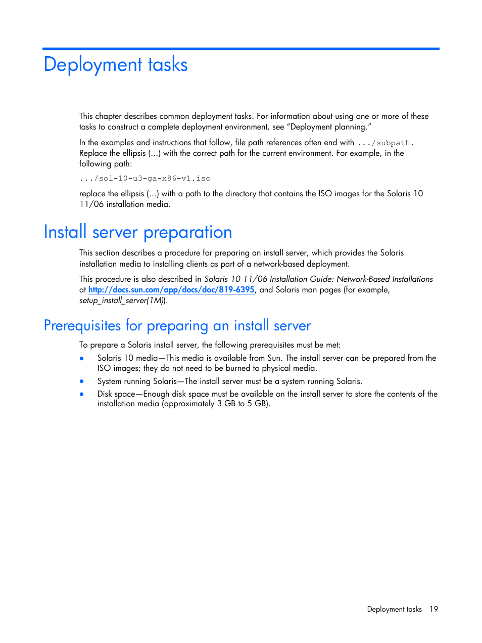 Deployment tasks, Install server preparation, Prerequisites for preparing an install server | See “deployment tasks | HP 10 User Manual | Page 19 / 54