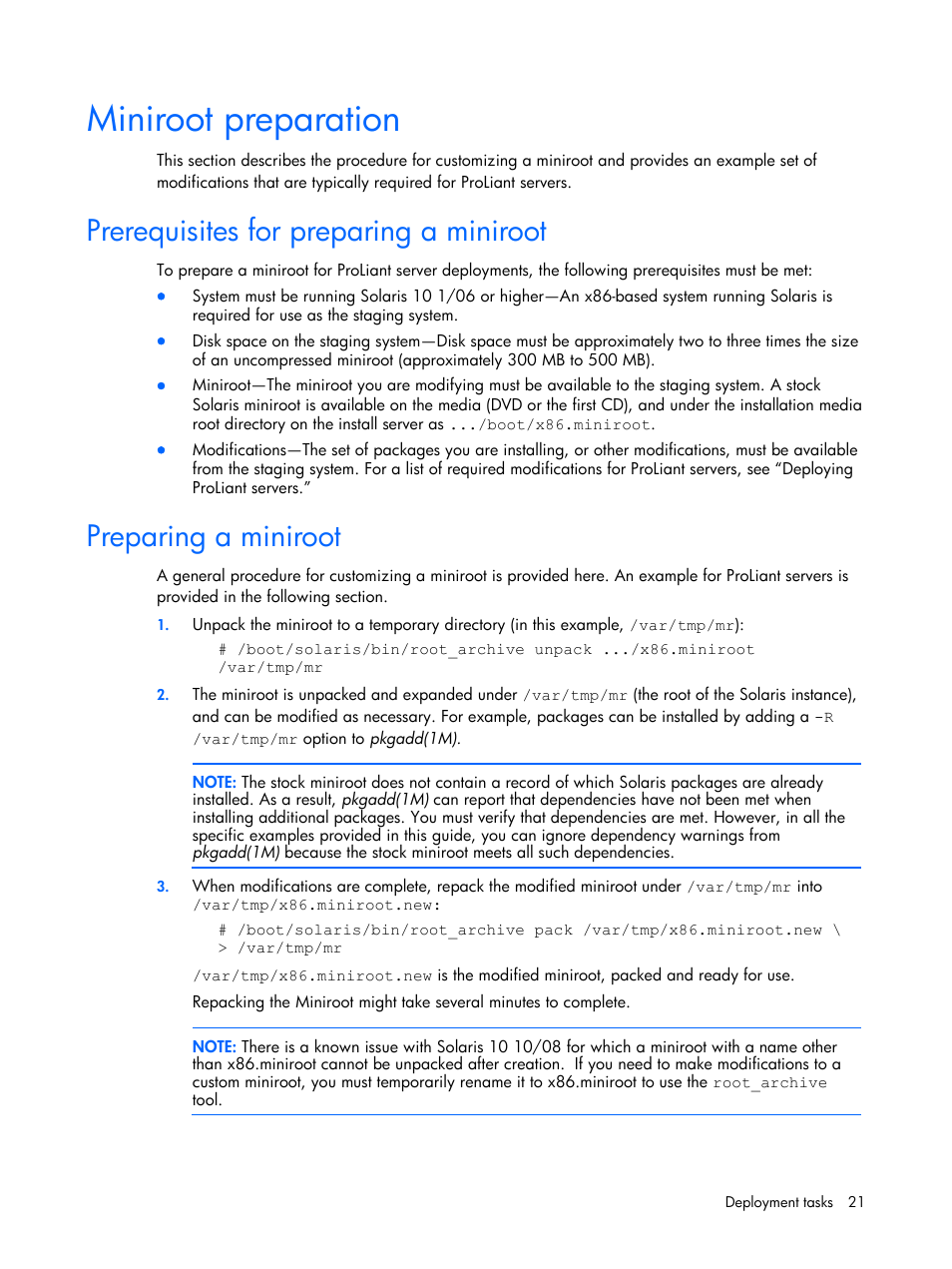 Miniroot preparation, Prerequisites for preparing a miniroot, Preparing a miniroot | See “miniroot, Preparation” an | HP 10 User Manual | Page 21 / 54