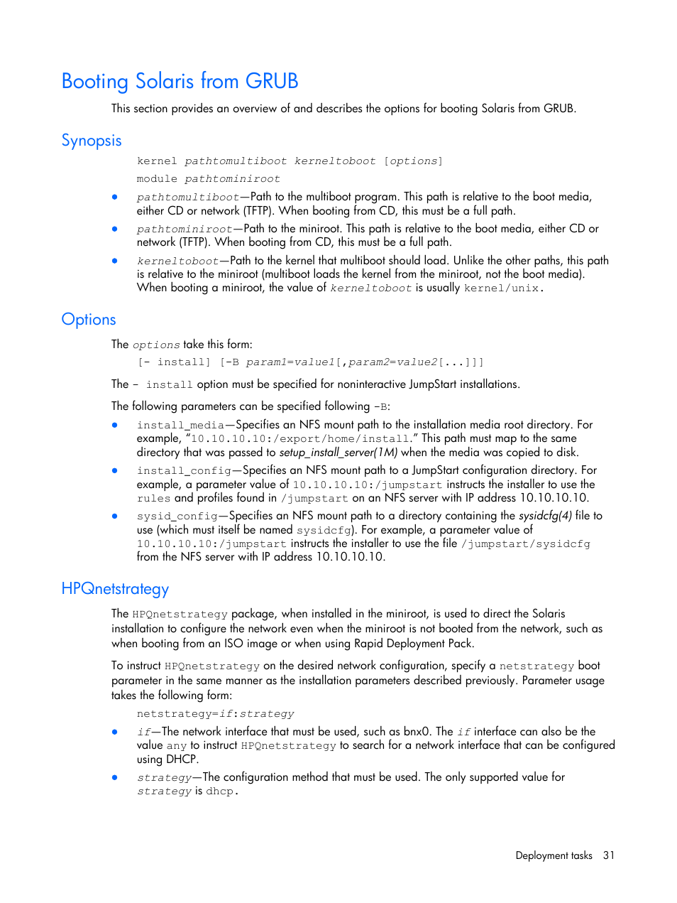 Booting solaris from grub, Synopsis, Options | Hpqnetstrategy | HP 10 User Manual | Page 31 / 54