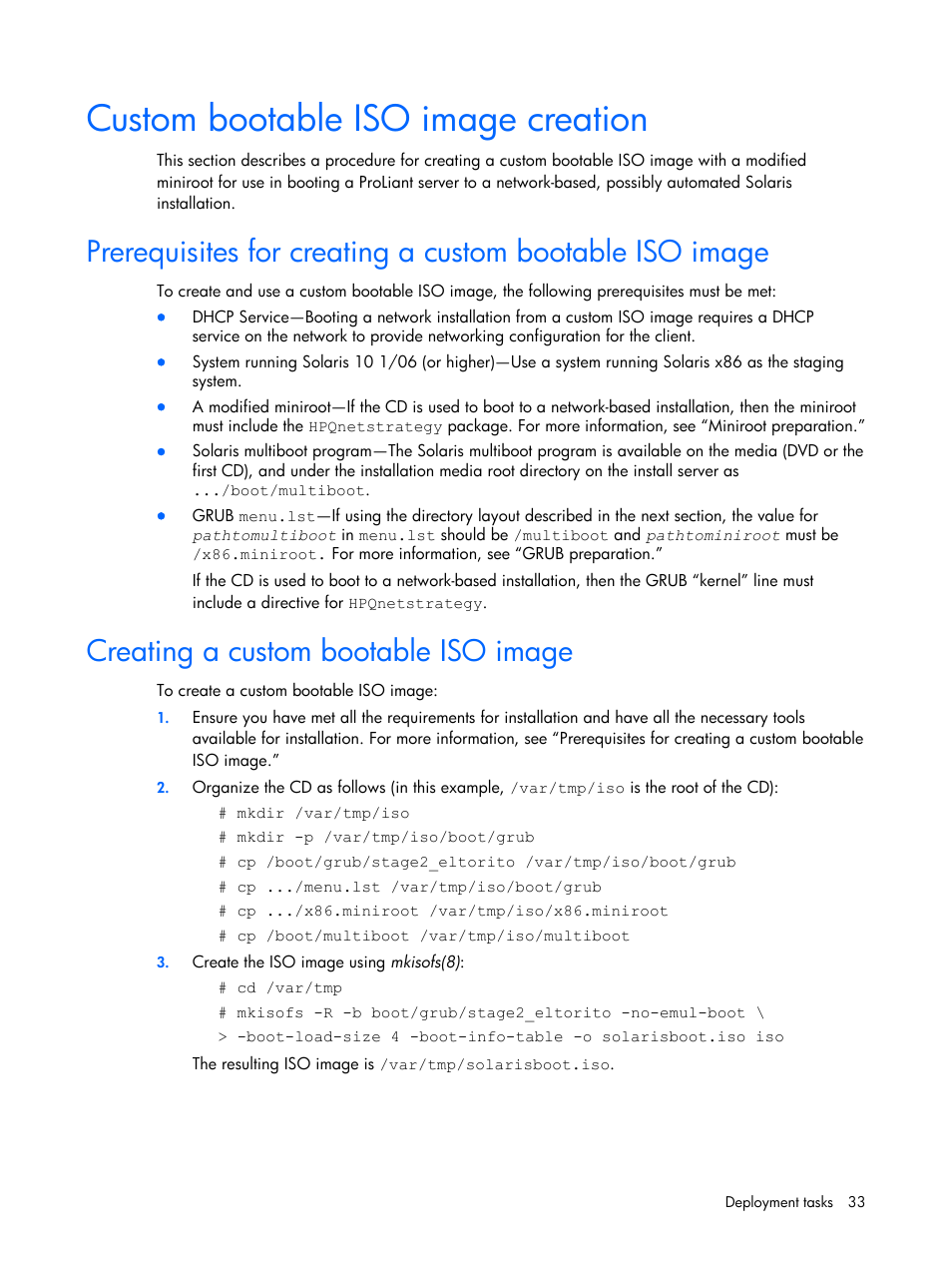 Custom bootable iso image creation, Creating a custom bootable iso image, See “custom bootable iso image creation | HP 10 User Manual | Page 33 / 54