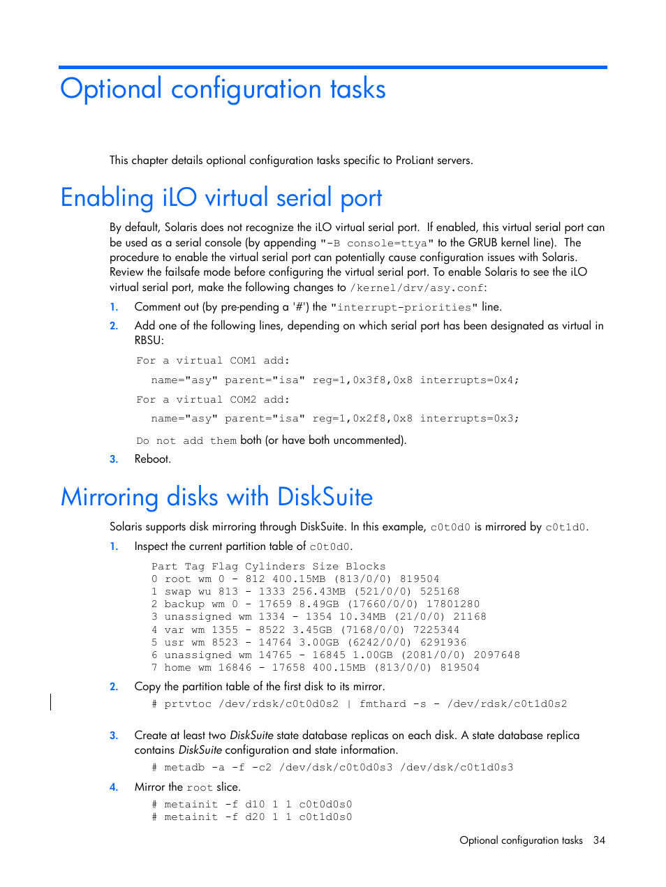 Optional configuration tasks, Enabling ilo virtual serial port, Mirroring disks with disksuite | HP 10 User Manual | Page 34 / 54
