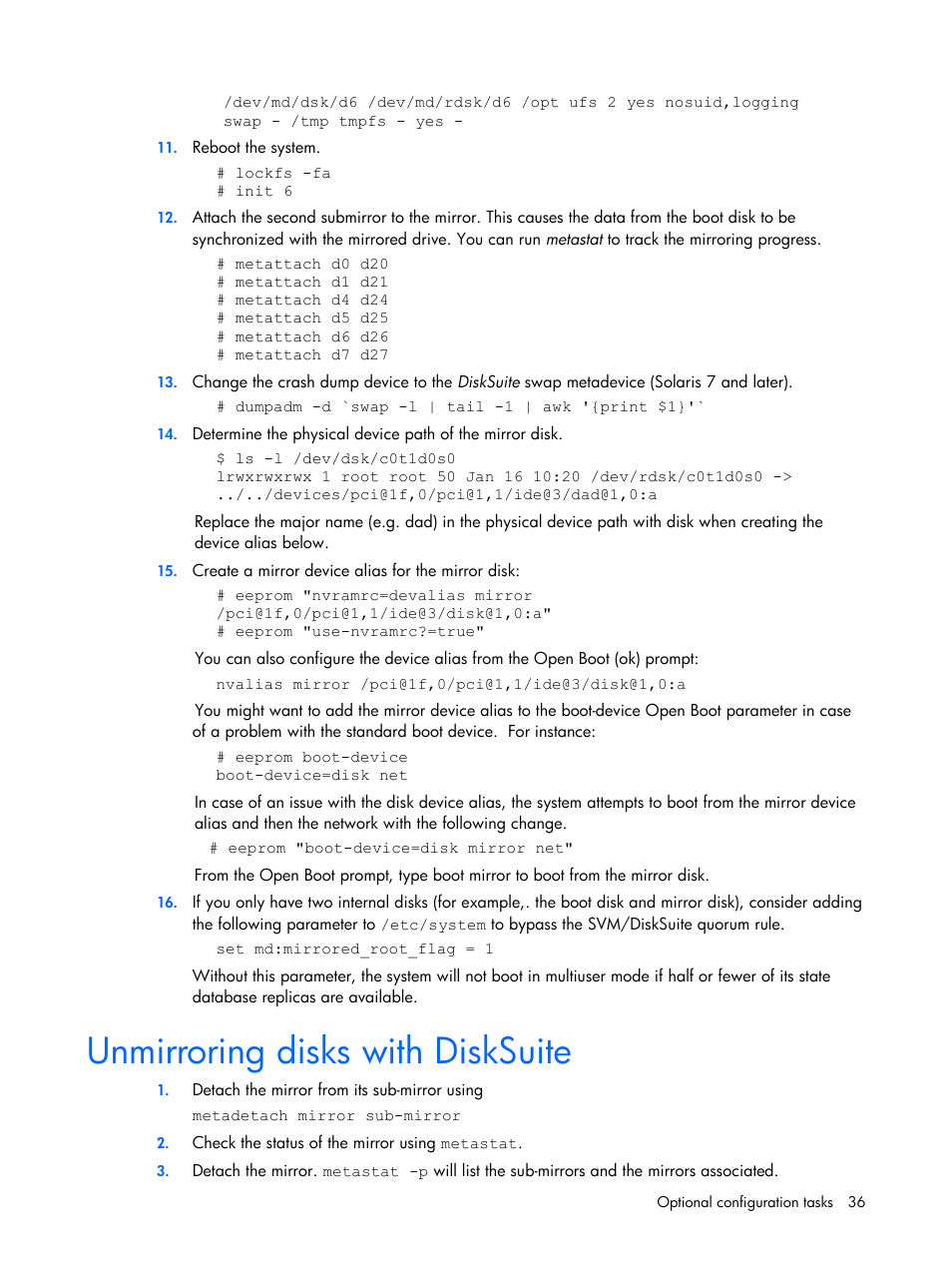 Unmirroring disks with disksuite | HP 10 User Manual | Page 36 / 54