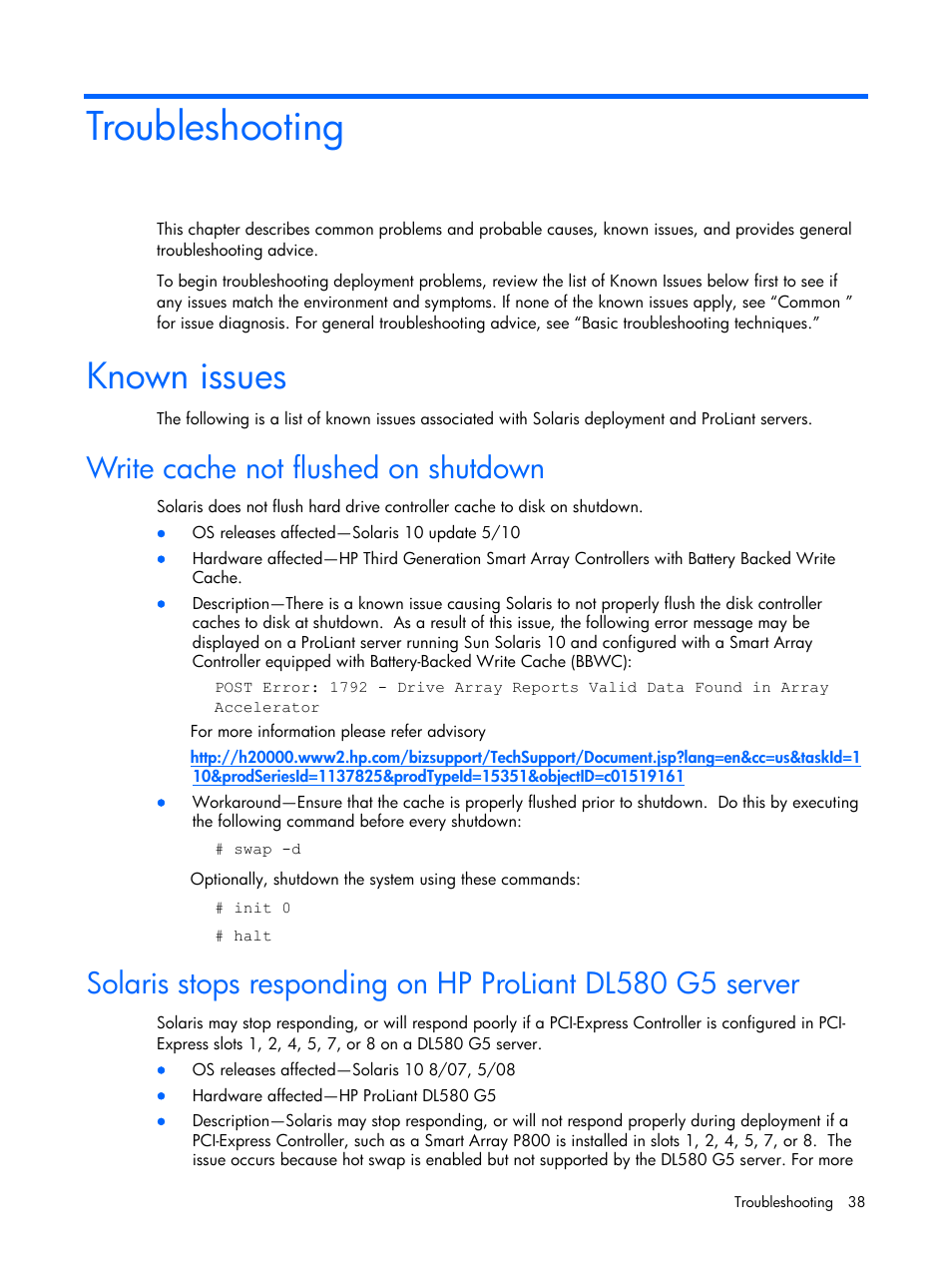 Troubleshooting, Known issues, Write cache not flushed on shutdown | HP 10 User Manual | Page 38 / 54