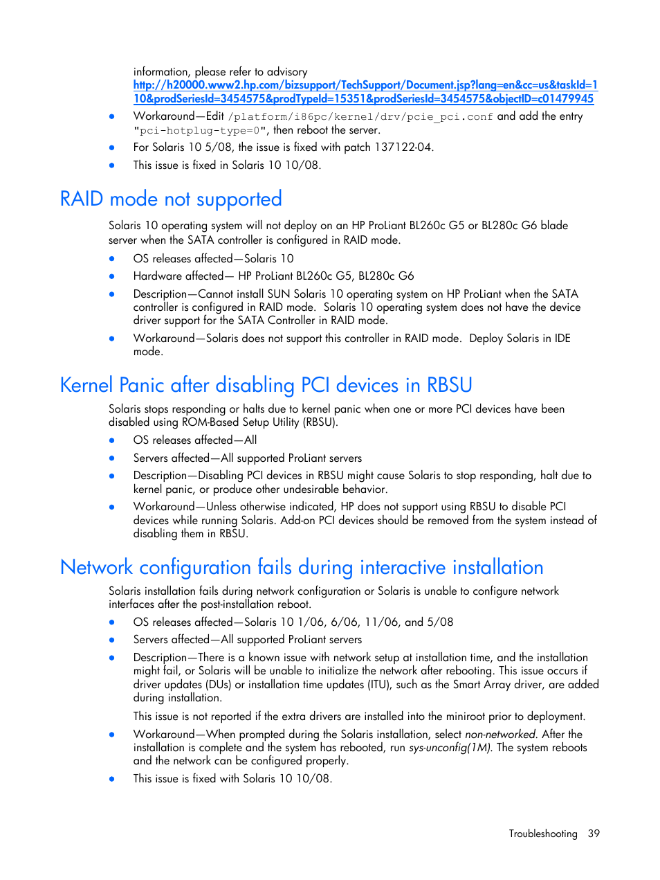 Raid mode not supported, Kernel panic after disabling pci devices in rbsu | HP 10 User Manual | Page 39 / 54