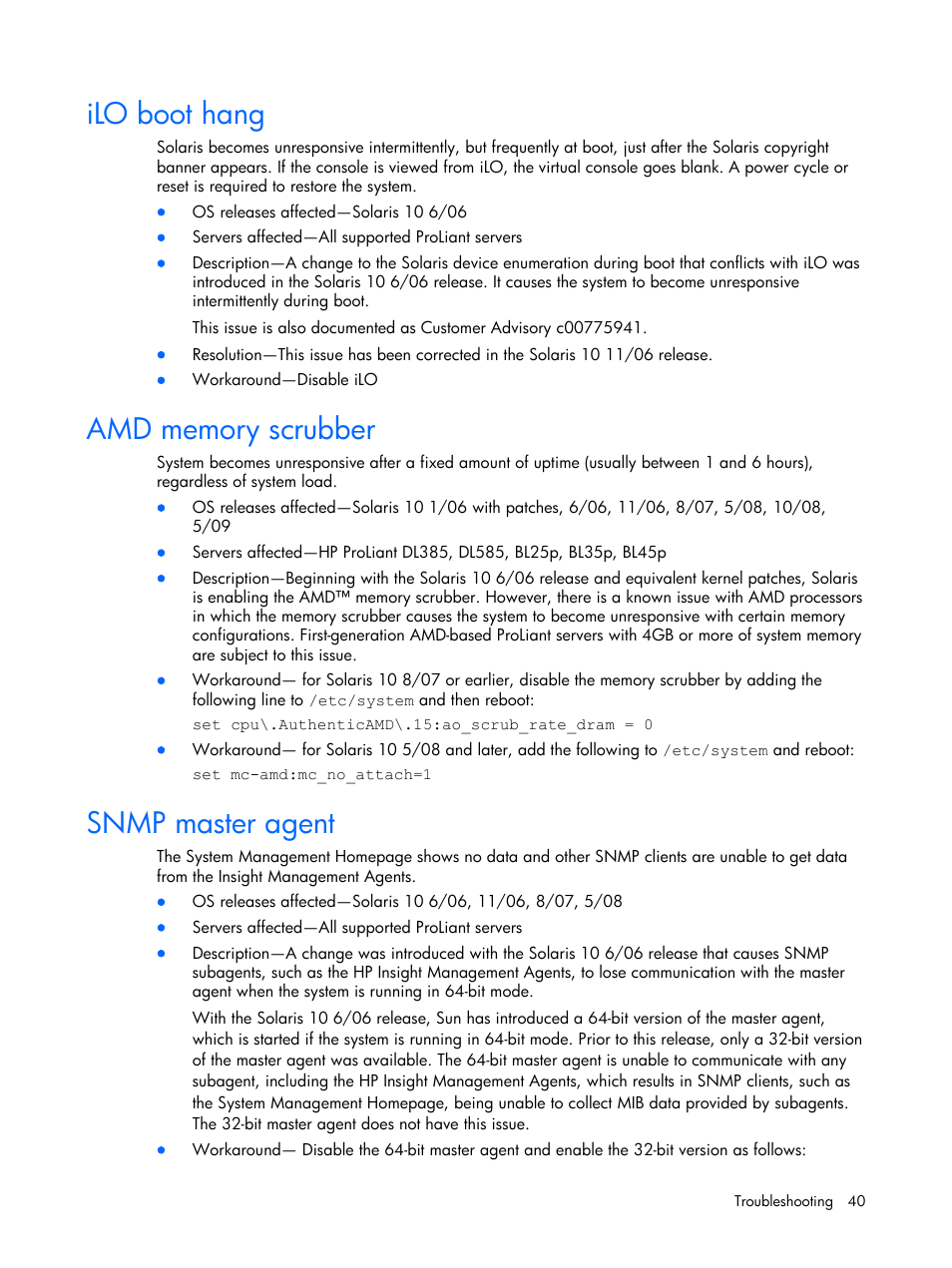 Ilo boot hang, Amd memory scrubber, Snmp master agent | HP 10 User Manual | Page 40 / 54