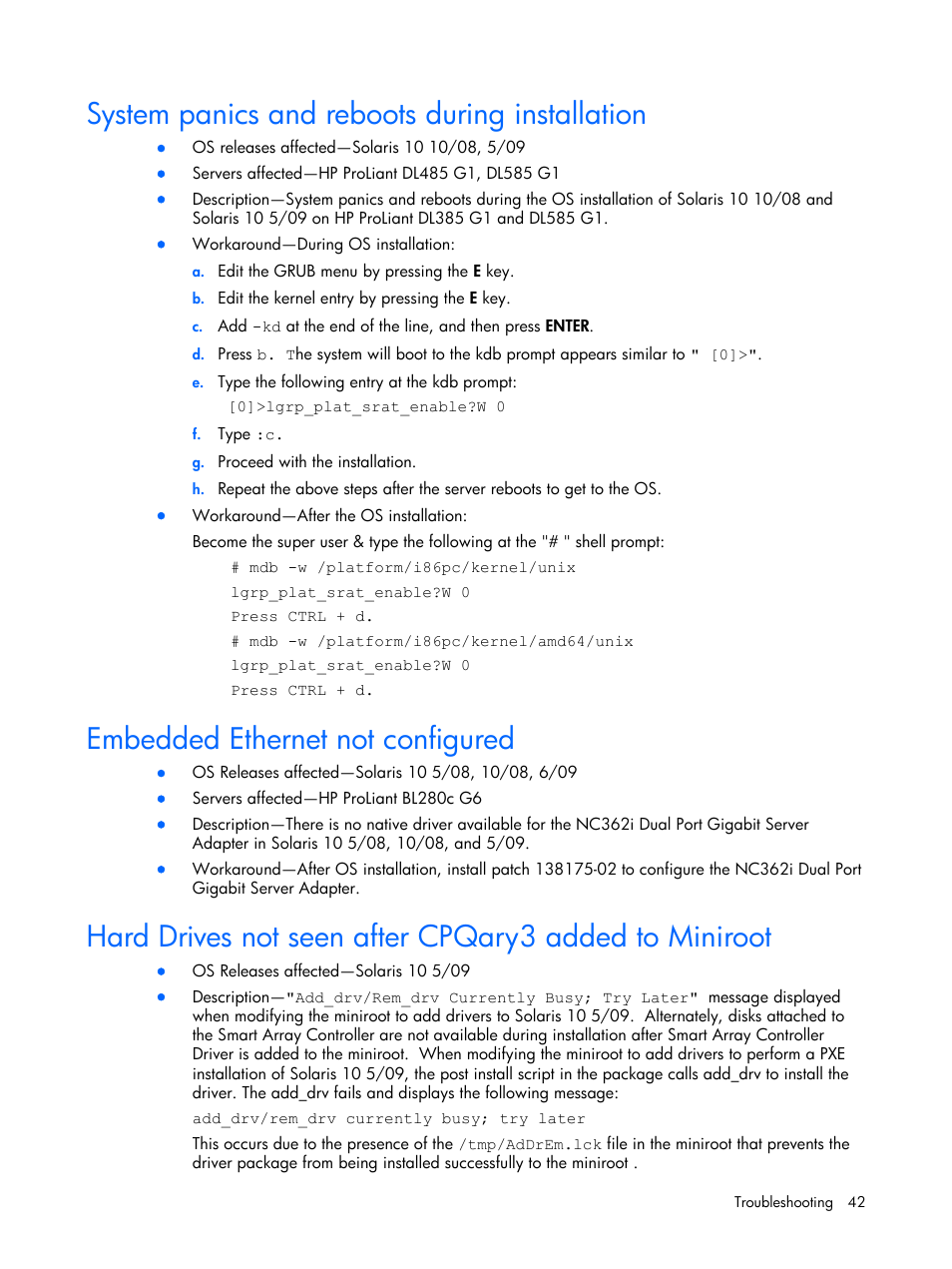 System panics and reboots during installation, Embedded ethernet not configured | HP 10 User Manual | Page 42 / 54