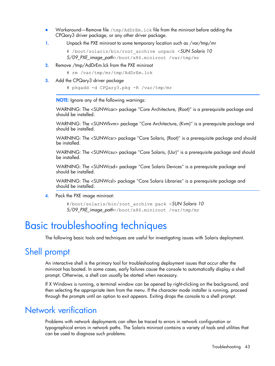 Basic troubleshooting techniques, Shell prompt, Network verification | HP 10 User Manual | Page 43 / 54