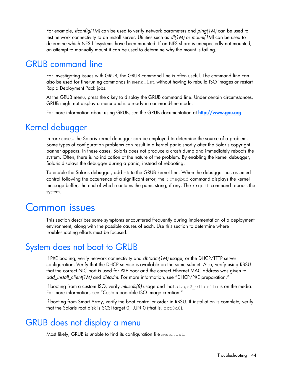 Grub command line, Kernel debugger, Common issues | System does not boot to grub, Grub does not display a menu | HP 10 User Manual | Page 44 / 54