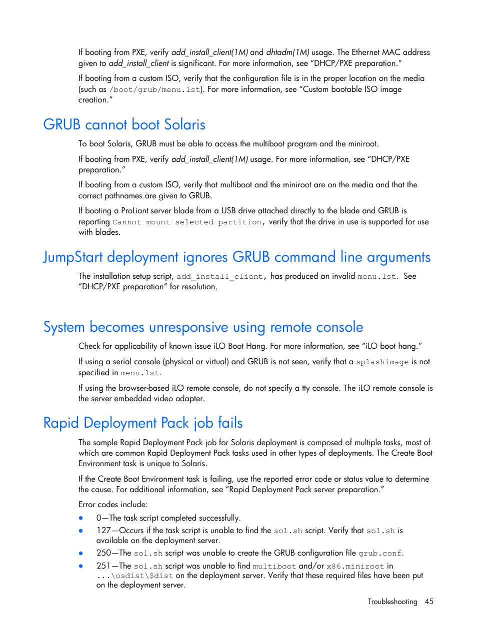 Grub cannot boot solaris, System becomes unresponsive using remote console, Rapid deployment pack job fails | HP 10 User Manual | Page 45 / 54