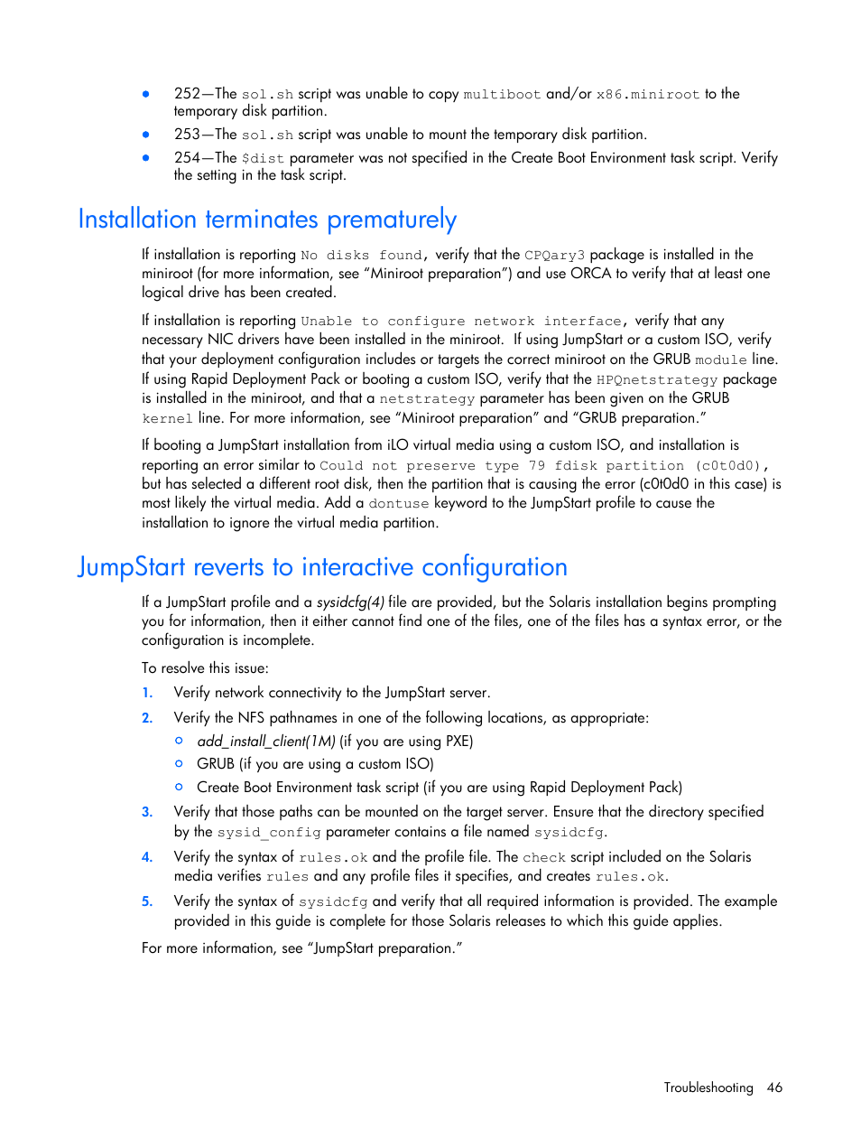 Installation terminates prematurely, Jumpstart reverts to interactive configuration | HP 10 User Manual | Page 46 / 54