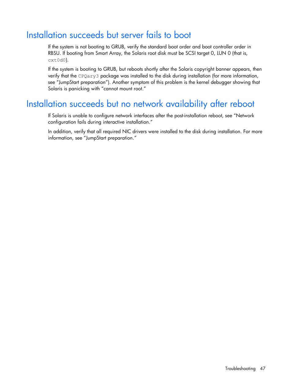 Installation succeeds but server fails to boot | HP 10 User Manual | Page 47 / 54
