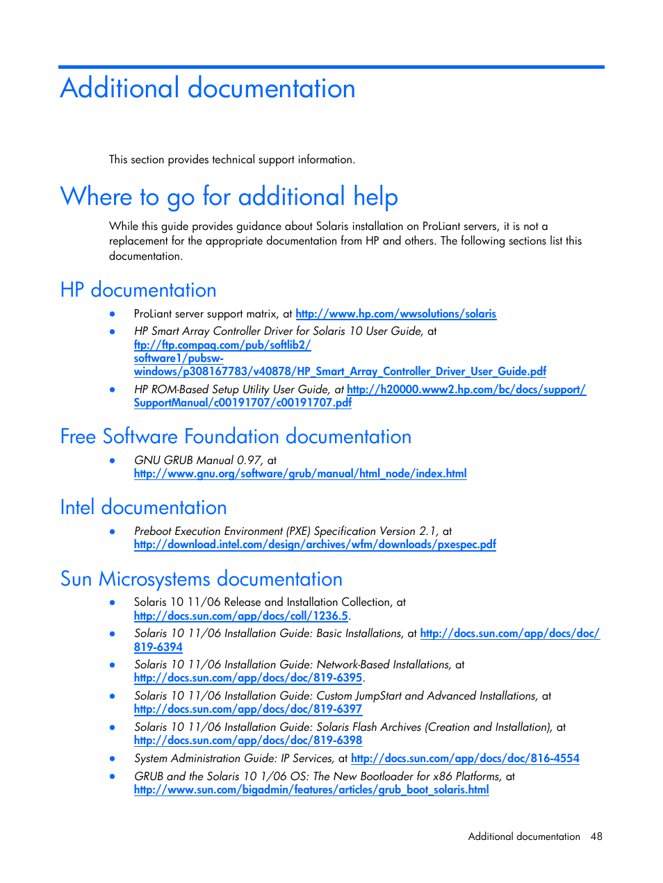 Additional documentation, Where to go for additional help, Hp documentation | Free software foundation documentation, Intel documentation, Sun microsystems documentation | HP 10 User Manual | Page 48 / 54