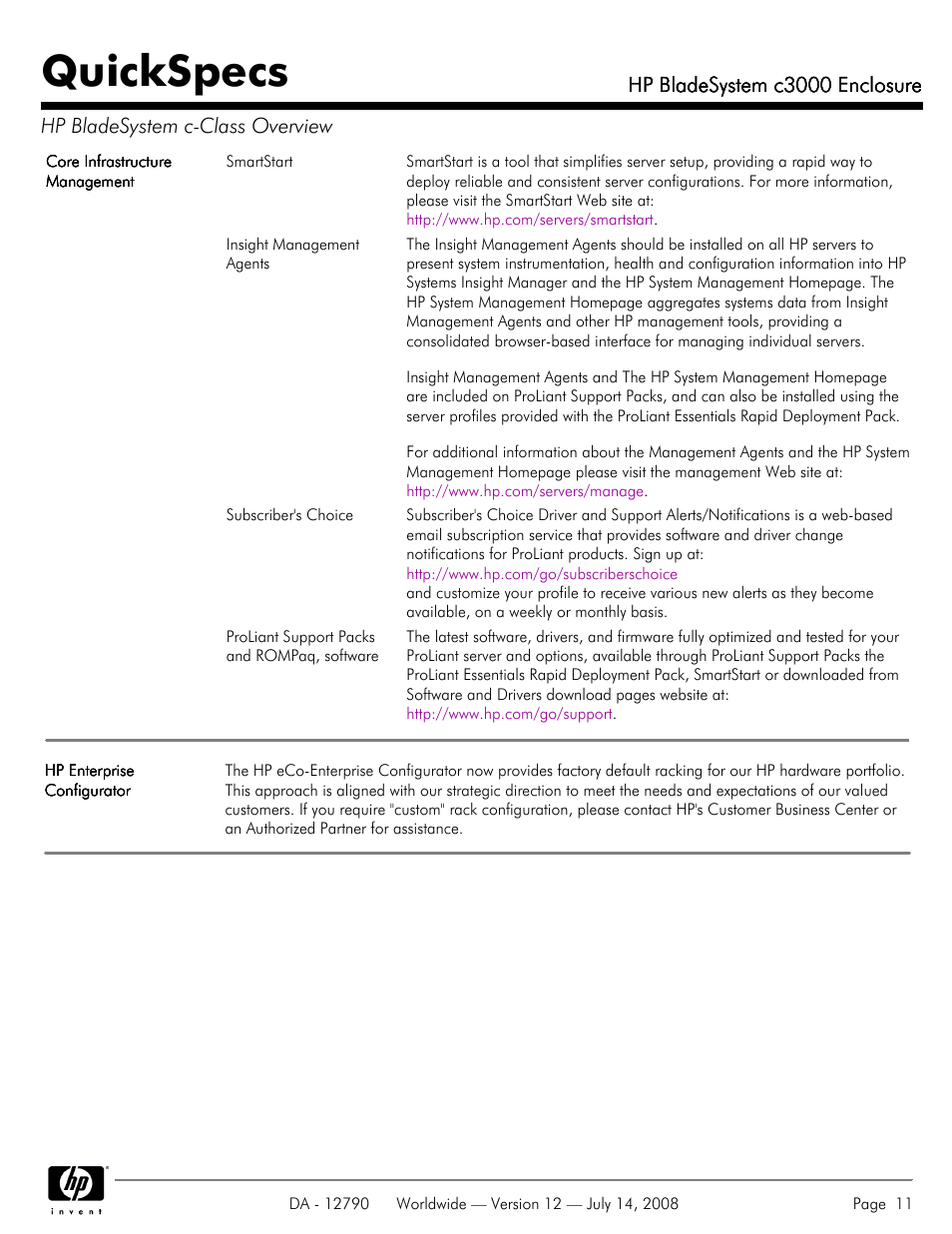 Quickspecs, Hp bladesystem c3000 enclosure | HP Hewlett-Packard BladeSystem Enclosure c3000 User Manual | Page 11 / 37