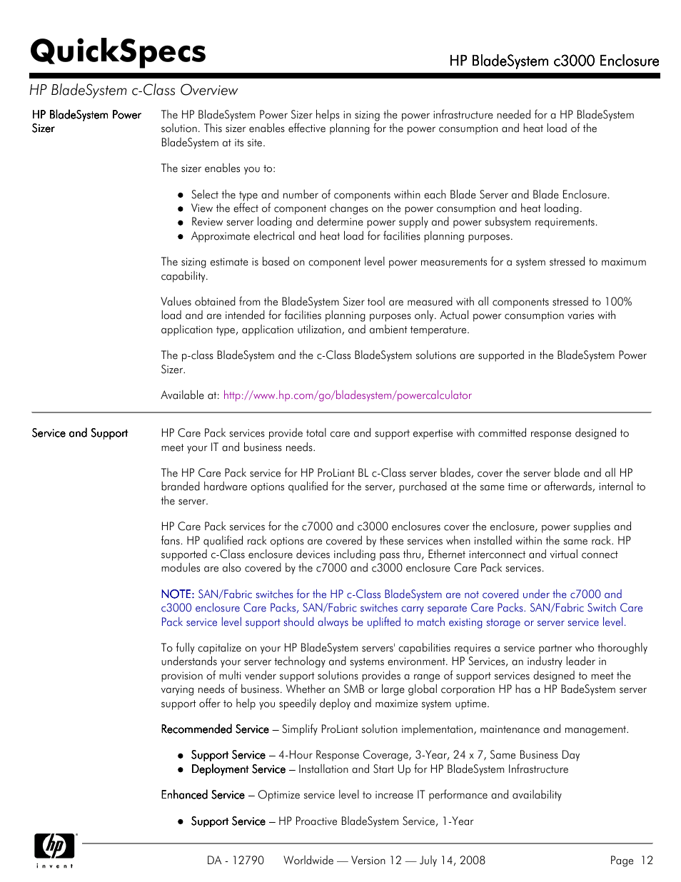 Quickspecs, Hp bladesystem c3000 enclosure | HP Hewlett-Packard BladeSystem Enclosure c3000 User Manual | Page 12 / 37