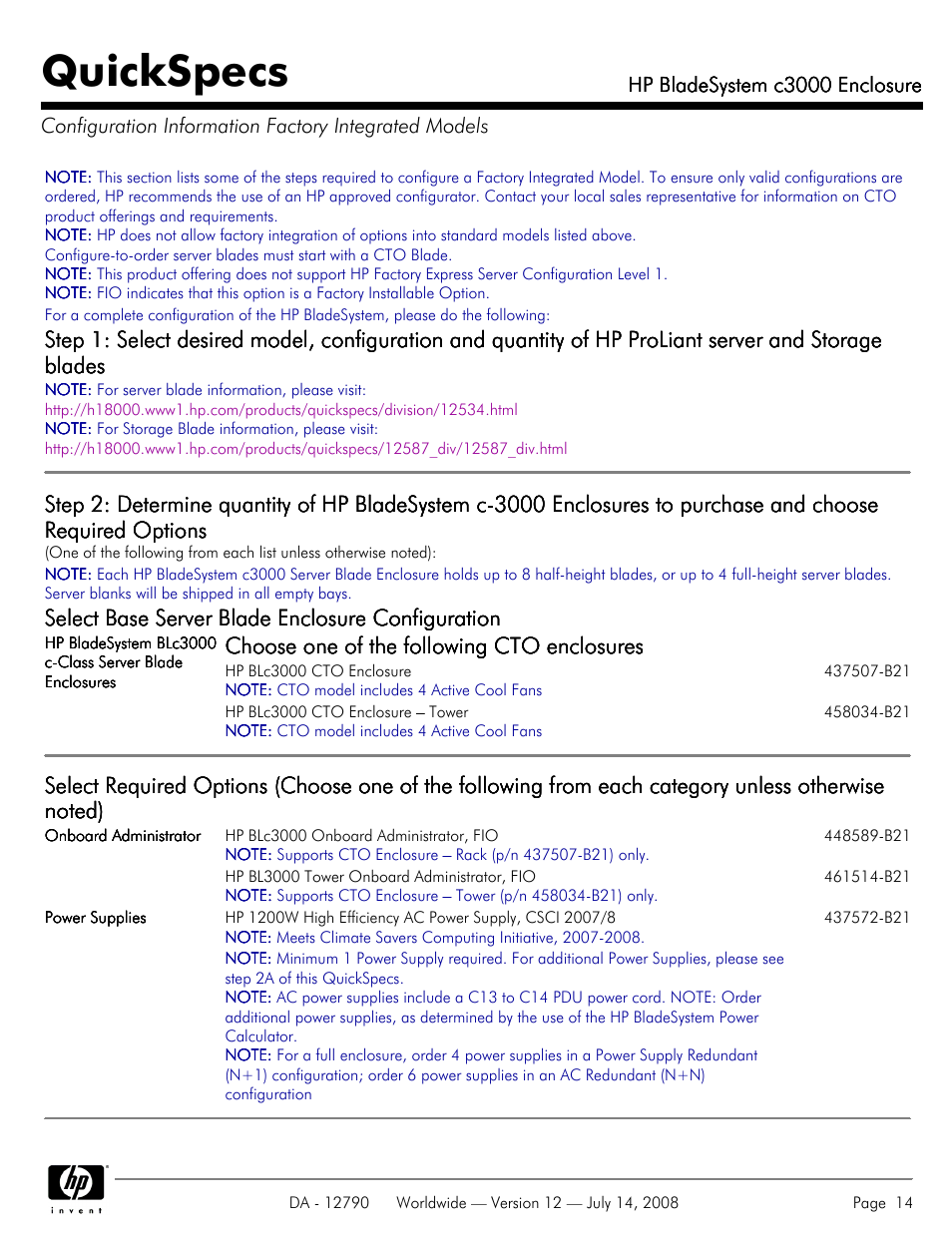 Quickspecs, Select base server blade enclosure configuration, Choose one of the following cto enclosures | HP Hewlett-Packard BladeSystem Enclosure c3000 User Manual | Page 14 / 37