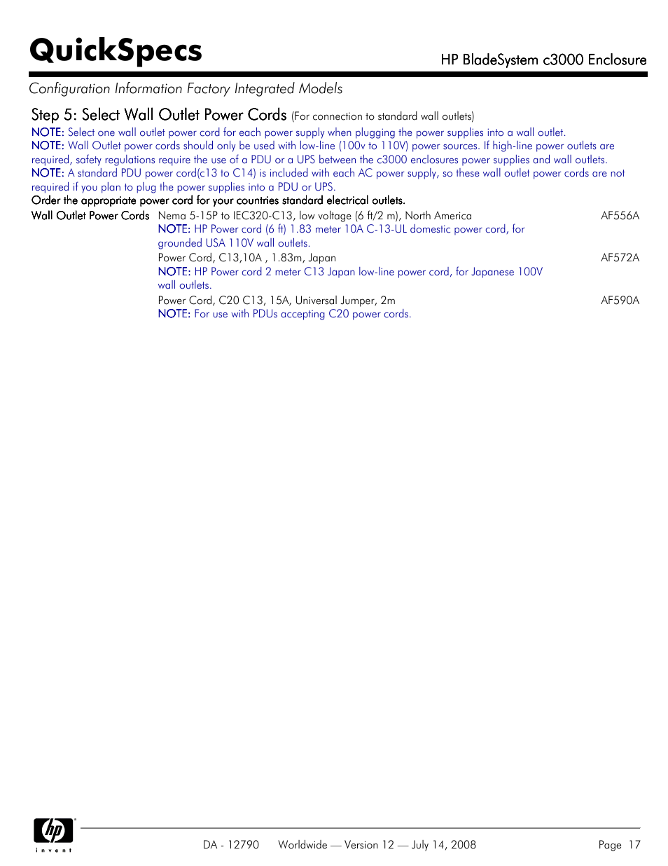 Quickspecs, Step 5: select wall outlet power cords | HP Hewlett-Packard BladeSystem Enclosure c3000 User Manual | Page 17 / 37