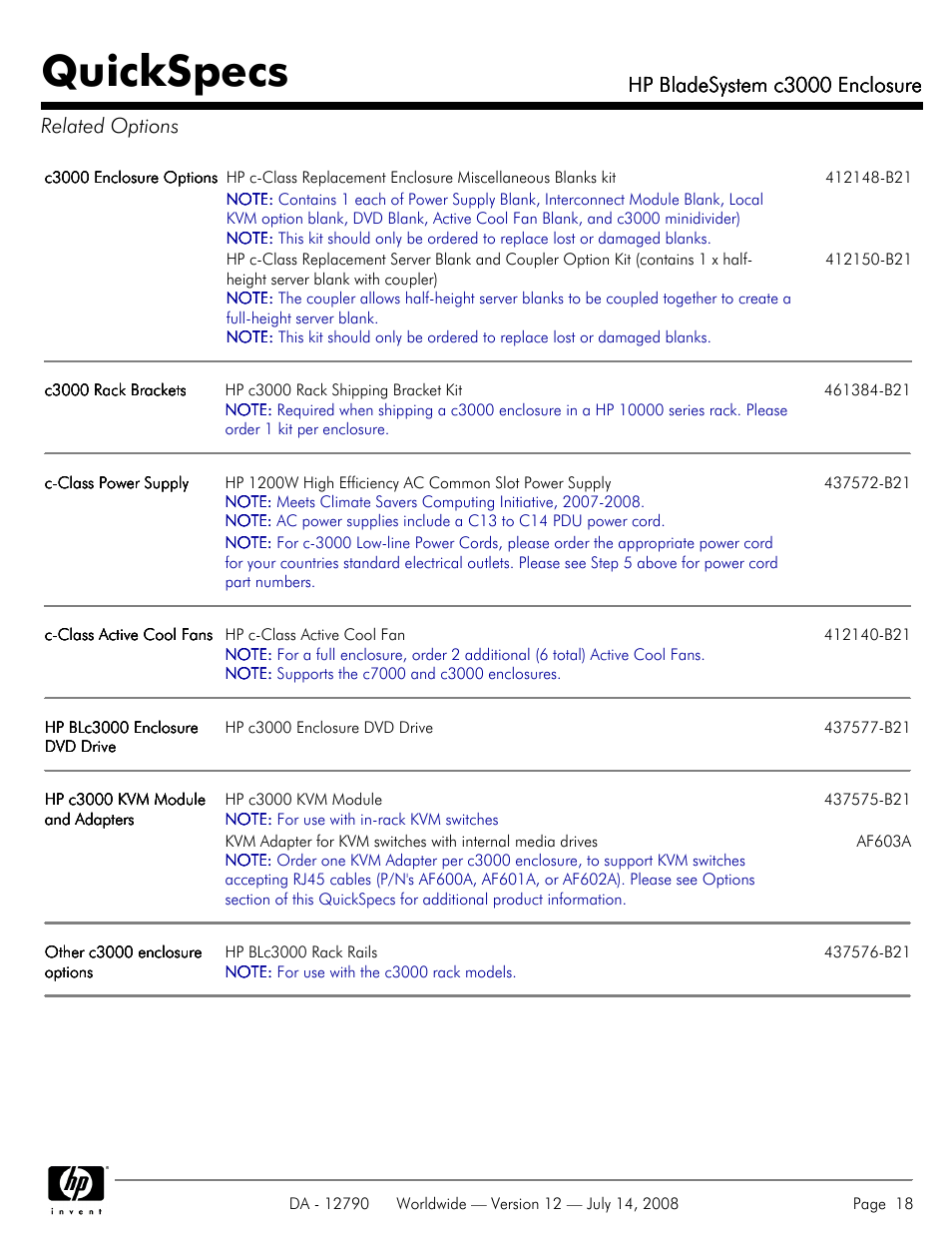 Related options, Quickspecs, Hp bladesystem c3000 enclosure | Hp bladesystem c3000 enclosure related options | HP Hewlett-Packard BladeSystem Enclosure c3000 User Manual | Page 18 / 37