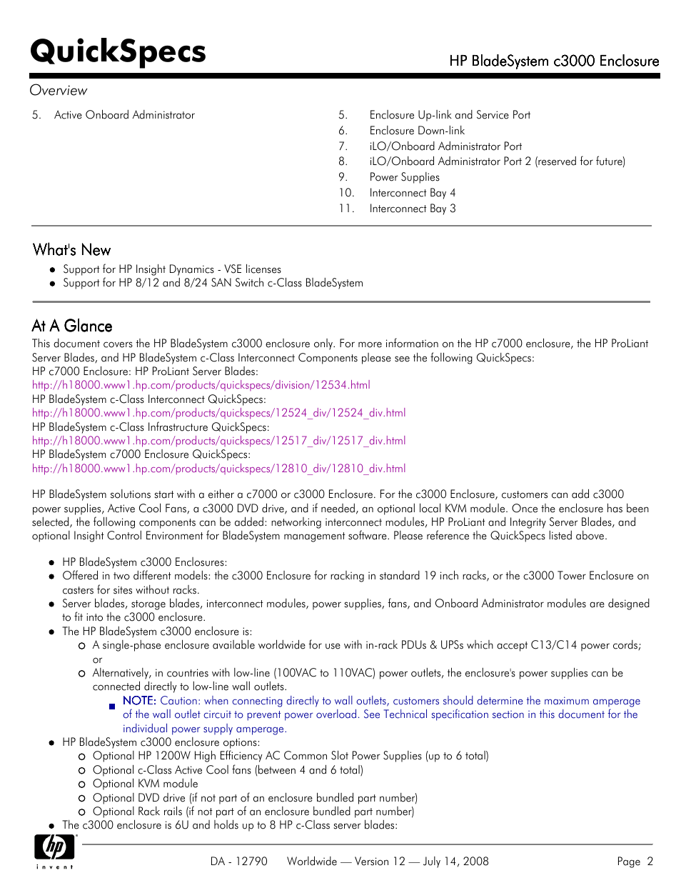 Quickspecs, What's new, At a glance | HP Hewlett-Packard BladeSystem Enclosure c3000 User Manual | Page 2 / 37