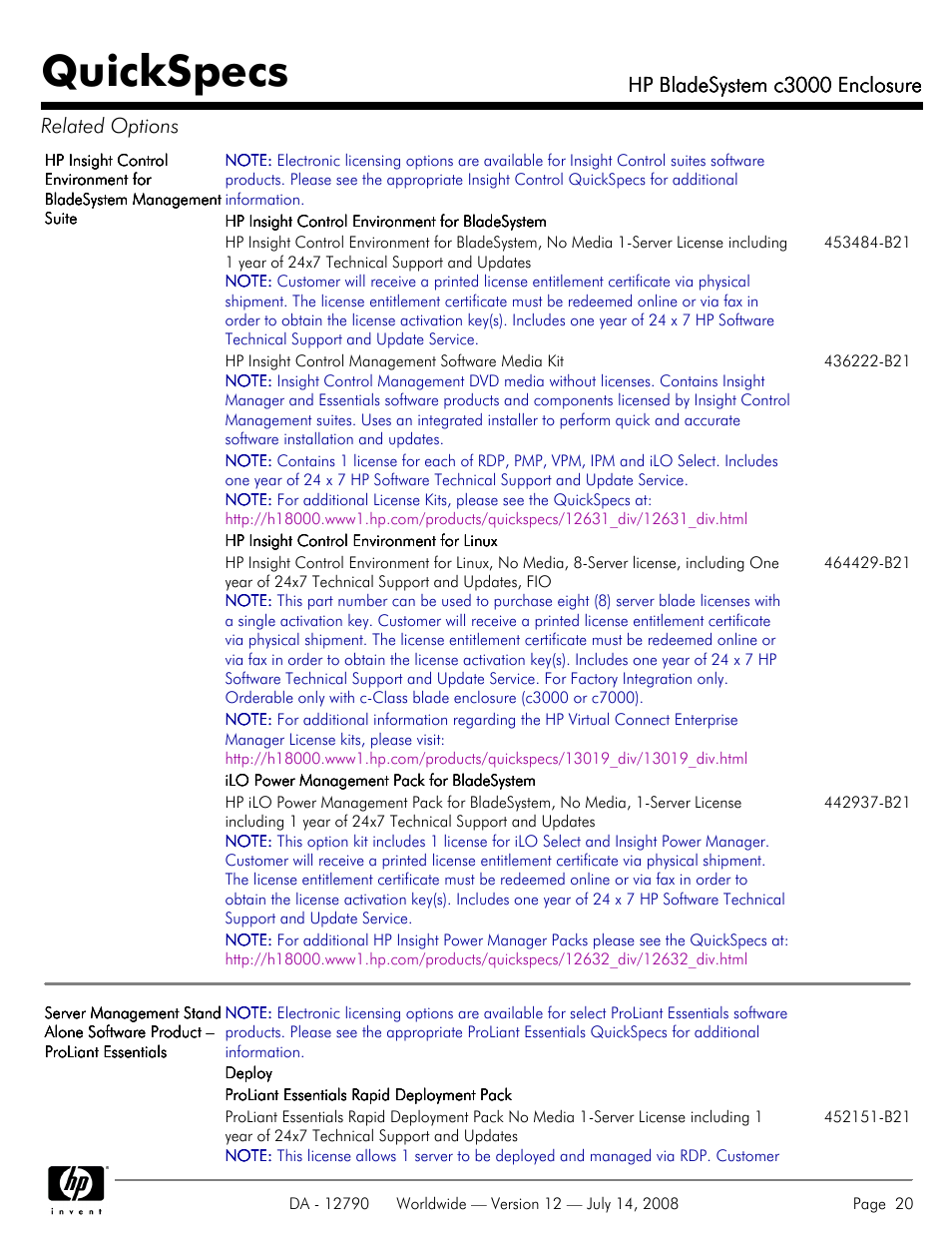 Quickspecs, Hp bladesystem c3000 enclosure, Hp bladesystem c3000 enclosure related options | HP Hewlett-Packard BladeSystem Enclosure c3000 User Manual | Page 20 / 37