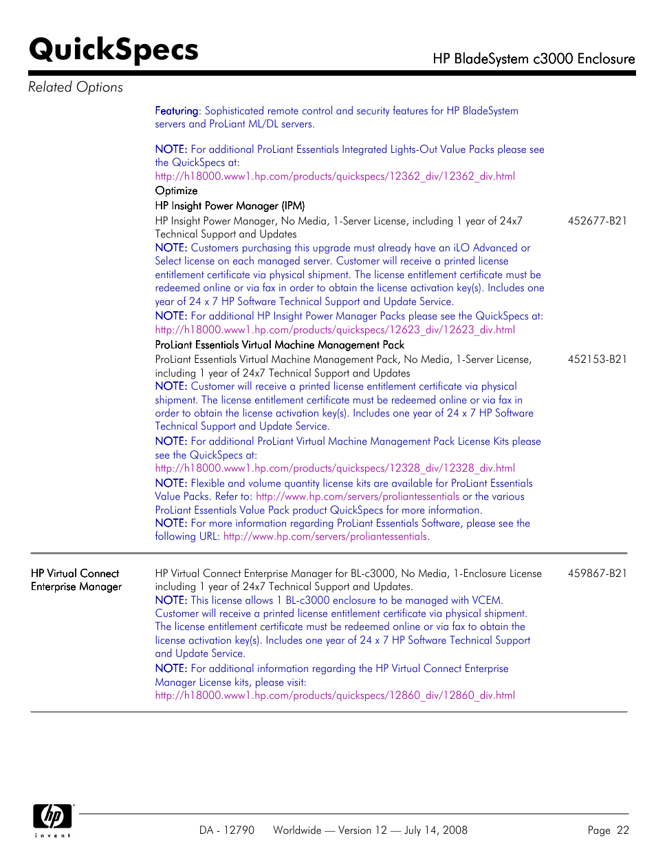 Quickspecs, Hp bladesystem c3000 enclosure, Hp bladesystem c3000 enclosure related options | HP Hewlett-Packard BladeSystem Enclosure c3000 User Manual | Page 22 / 37