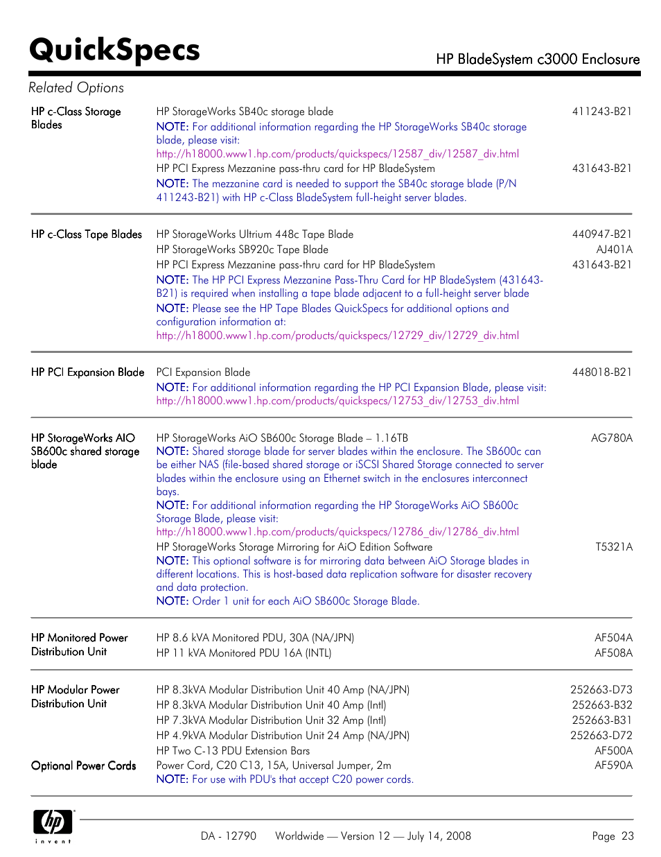 Quickspecs, Hp bladesystem c3000 enclosure, Hp bladesystem c3000 enclosure related options | HP Hewlett-Packard BladeSystem Enclosure c3000 User Manual | Page 23 / 37